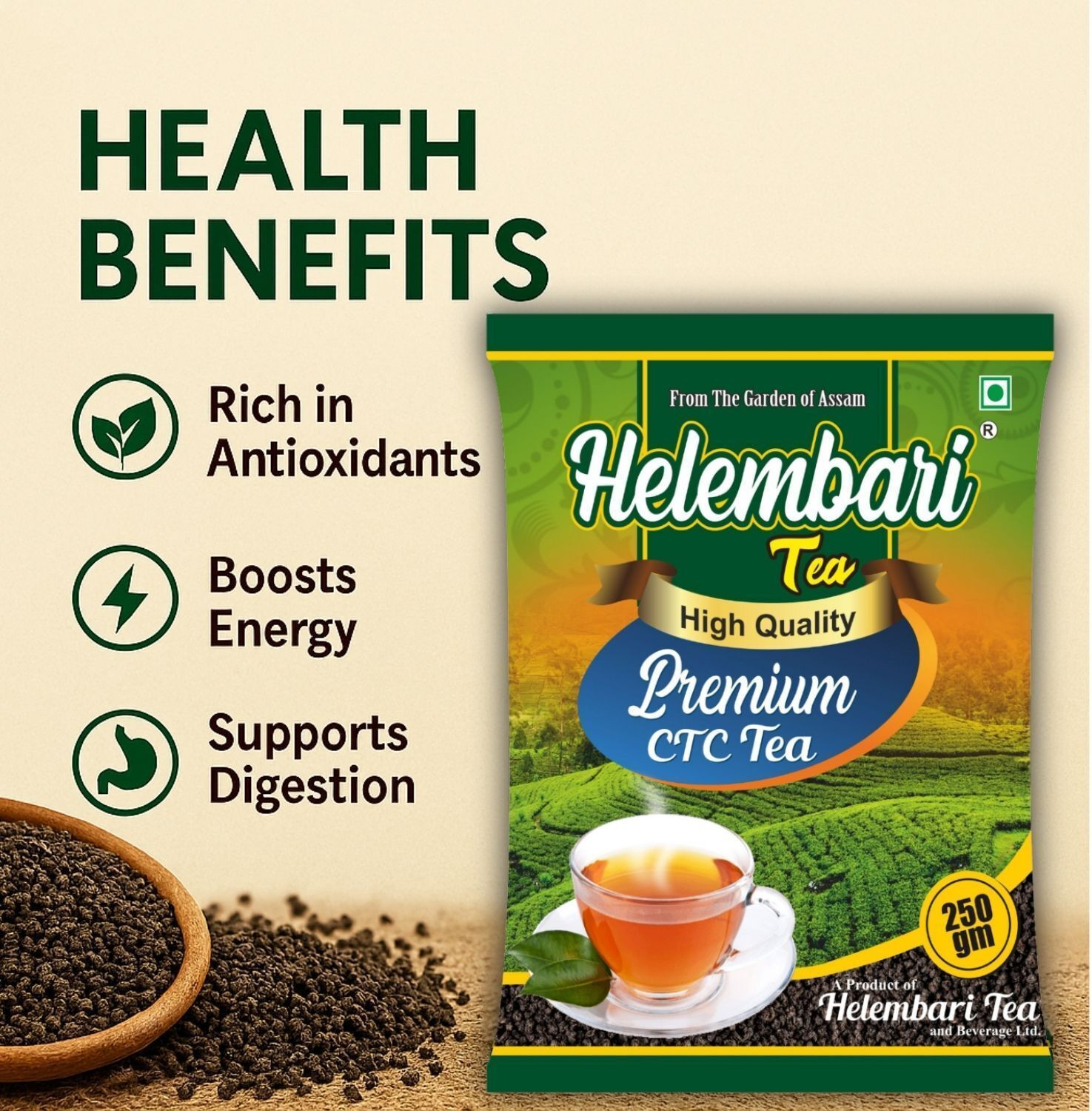 Image of HELEMBARI TEA High Quality Assam CTC Chai | Tea Premium-1kg(4*250gm) Tea Pouch