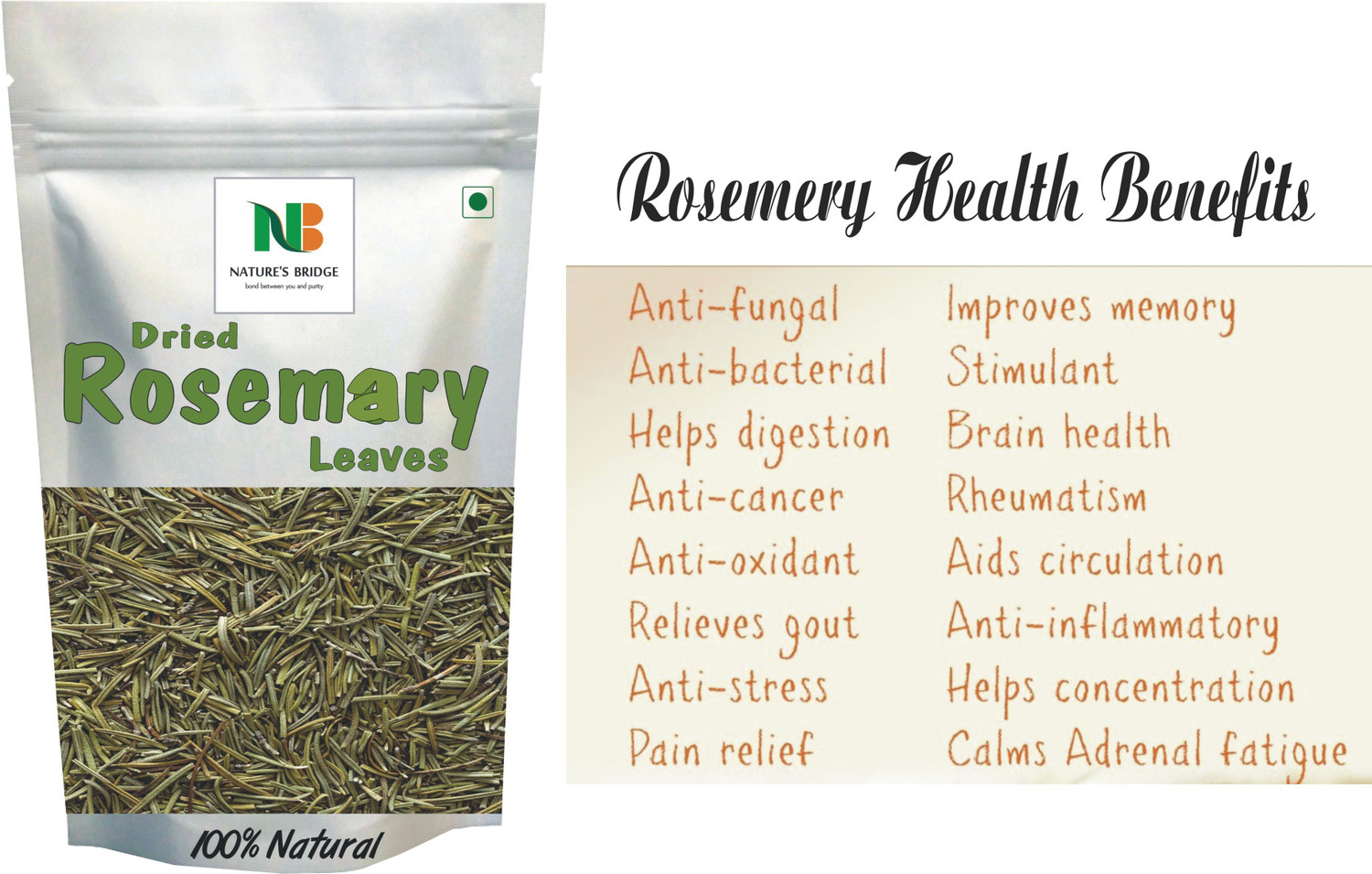 Image of Nature's Bridge Rosemary Dried Leaves | Dry Rosemary - For Hair Growth & Rosemary Tea - 50 Gm Unflavoured Herbal Infusion Tea Pouch