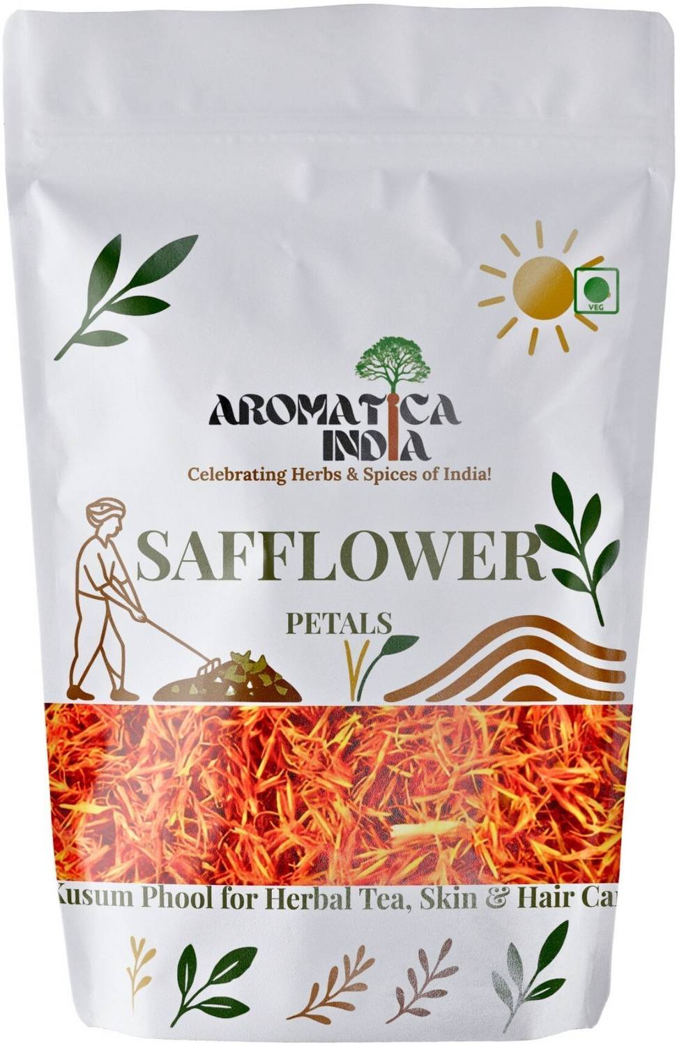 Aromatica India Safflower Petals Kusum Phool Dried Carthamus Tinctorius for Herbal Tea Saffron Herbal Tea Pouch