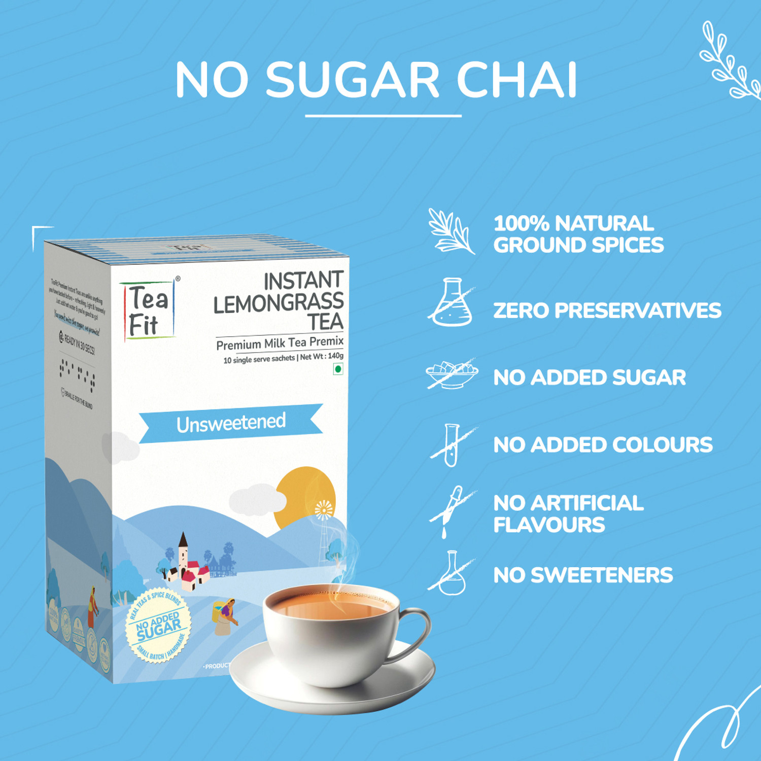 Image of TeaFit Premium Zero Sugar Instant Lemongrass Tea Pack of 1 Sachets Lemon Grass Instant Tea Box