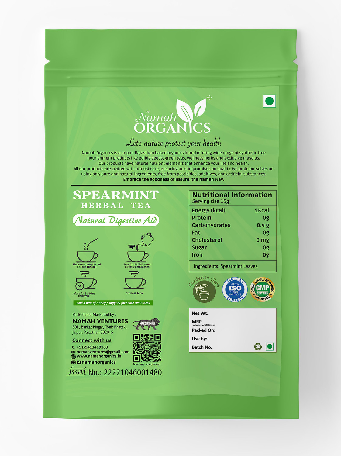 Image of Namah Organics Pure Spearmint Herbal Tea Leaves 100% Natura,lRich in antioxidants for PCOD /PCOS Mint Herbal Tea Vacuum Pack