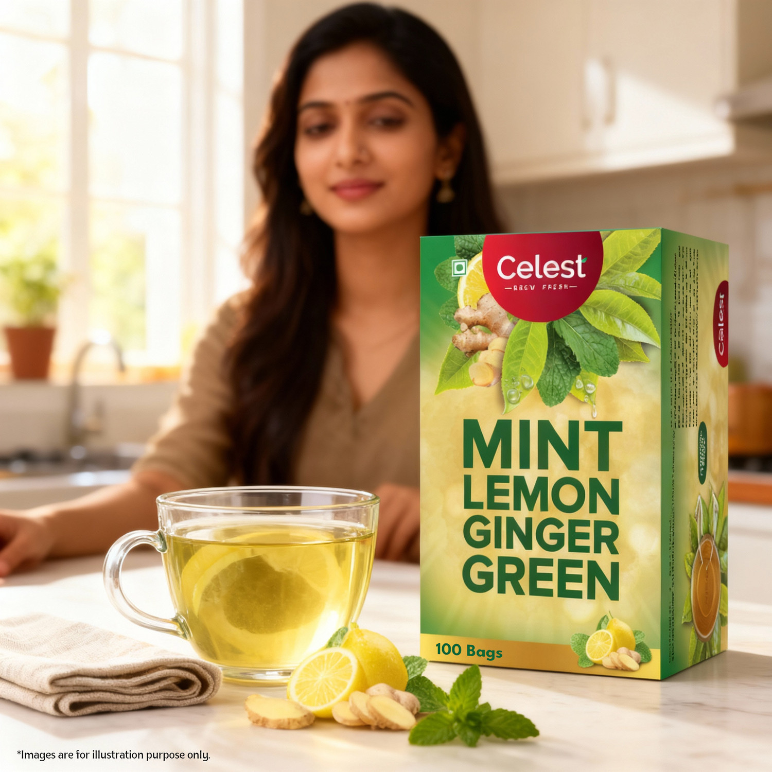 Image of Celest Green Tea, 100 Tea Bags - Mint Lemon Ginger| Tea Bags | Green Tea | Mint, Lemon, Ginger Green Tea Bags Box (100 Bags)