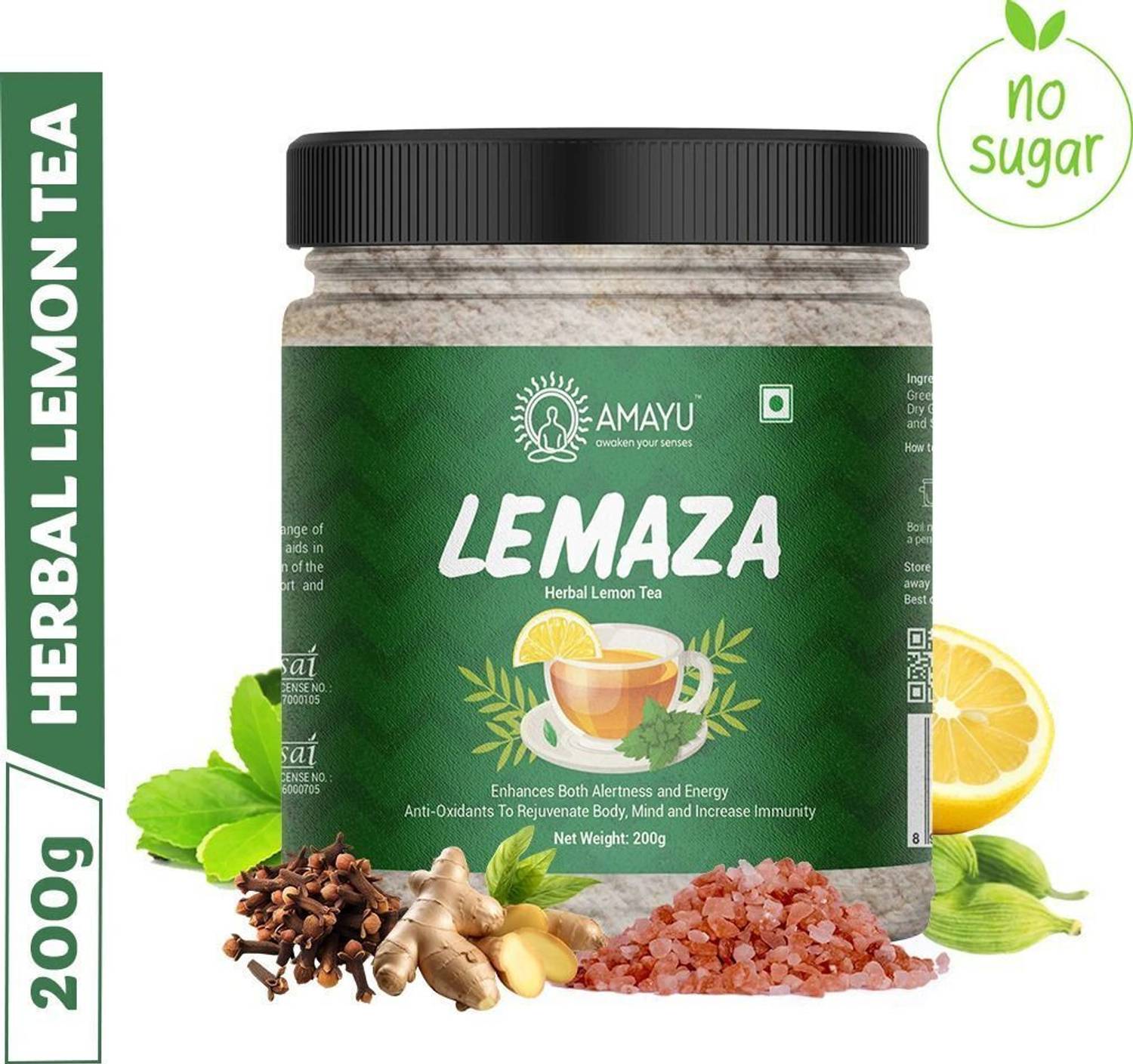 AMAYU LEMAZA Herbal Lemon Green Tea Powder with Stevia | Weight Loss & No Added Sugar Lemon, Cardamom, Cloves, Ginger, Herbs, Spices, Tulsi, Assorted Green Tea Mason Jar