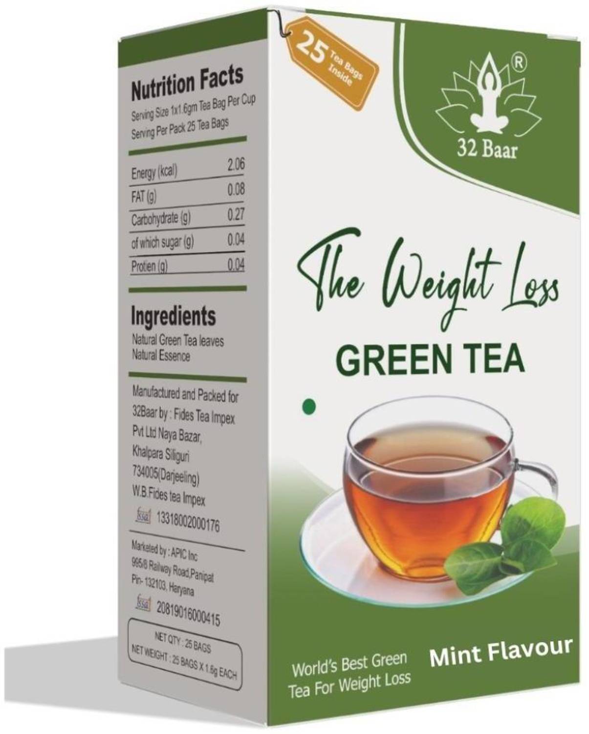 32 Baar MINT TEA BAGS (25 TEA BAGS) Green Tea Bags Box