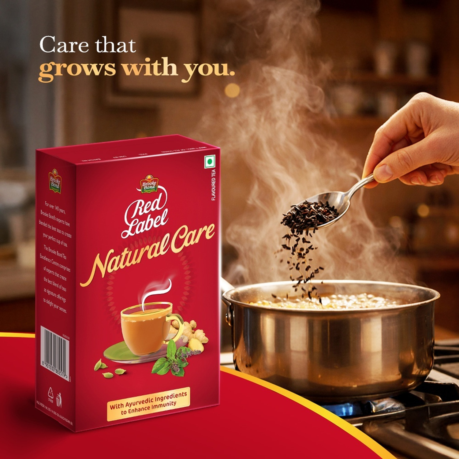 Image of Red Label Natural Care Tea with 5 Ayurvedic Ingredients Ginger, Cardamom, Tulsi, Mulethi, Ashwagandha Black Tea Box