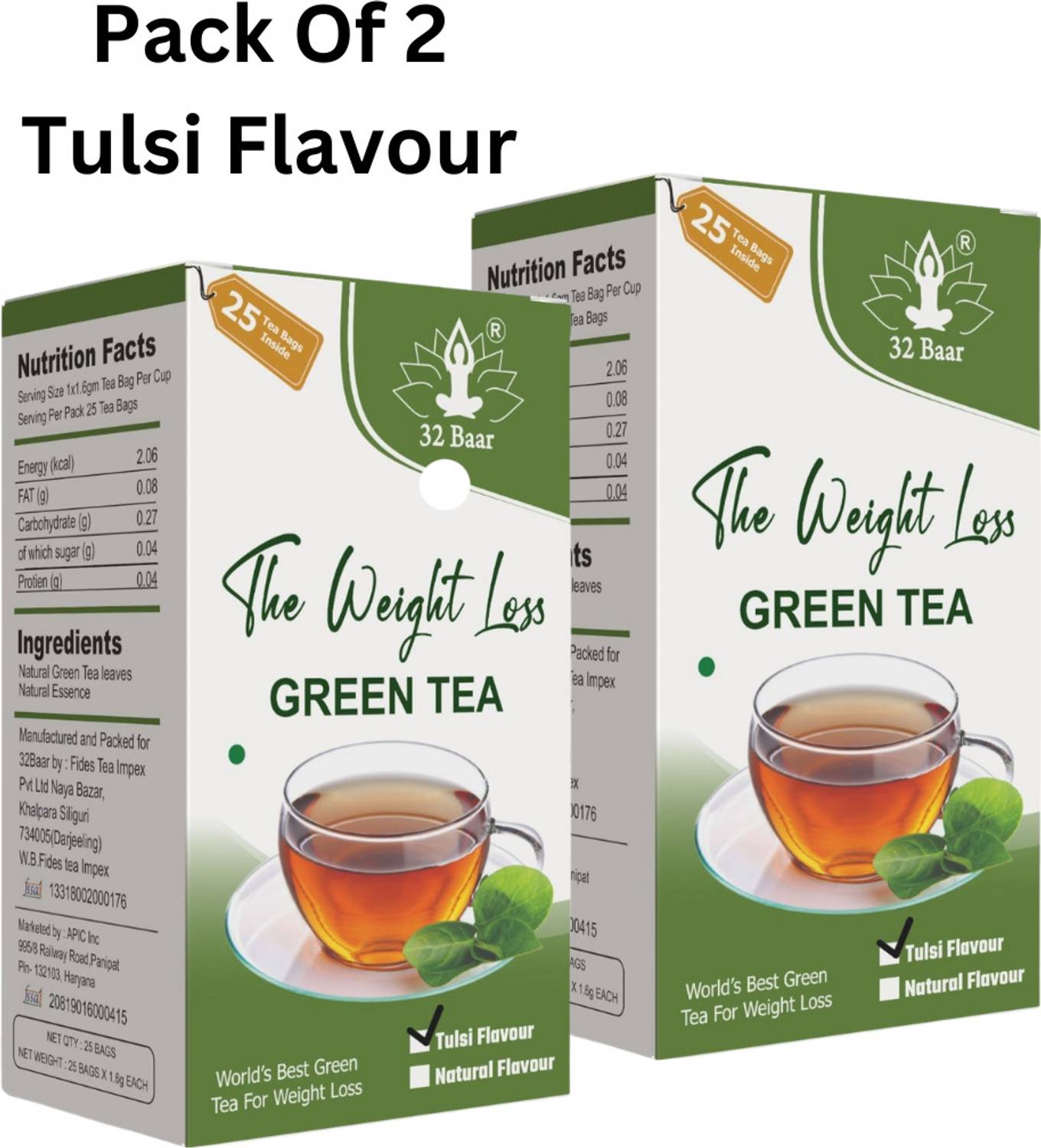 32 Baar Pack Of 2 Tulsi Flavour(25*2 Tea Bags) Green Tea Bags Box