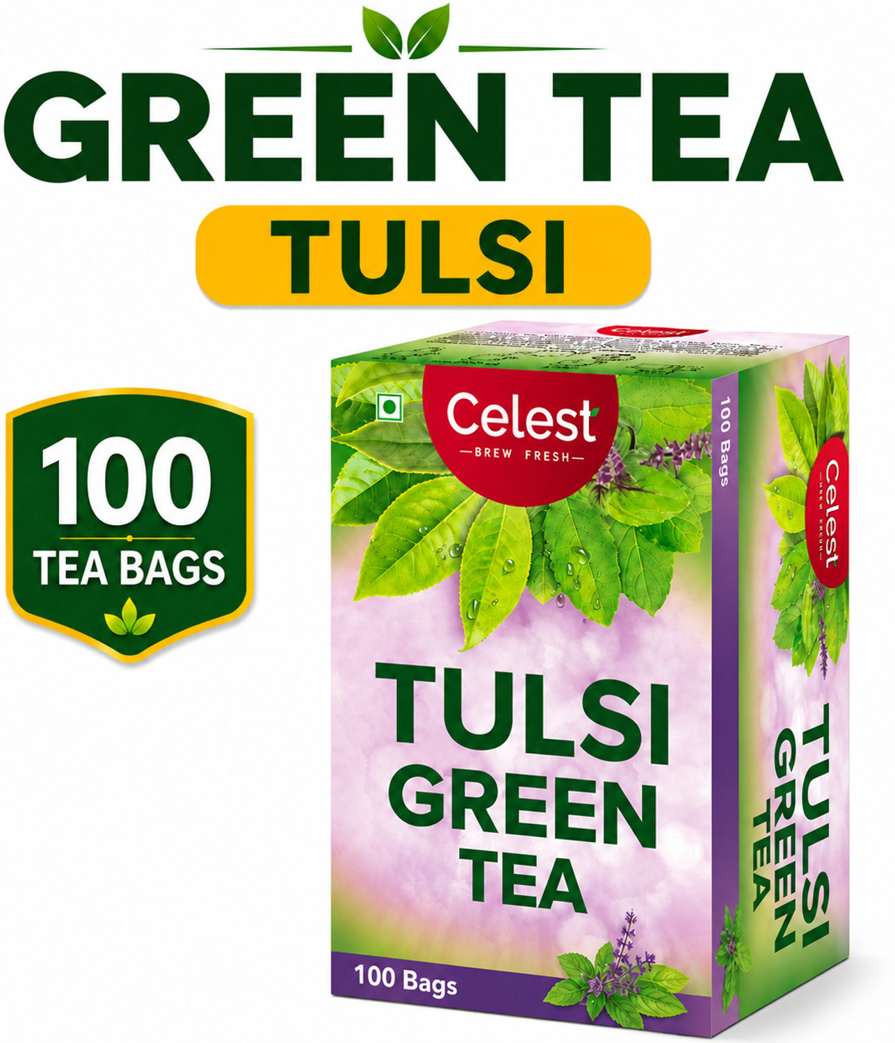 Image of Celest Tulsi Green, 100 Tea Bags | Green Tea - Tulsi | Green Tea | Tulsi Green Tea Bags Box
