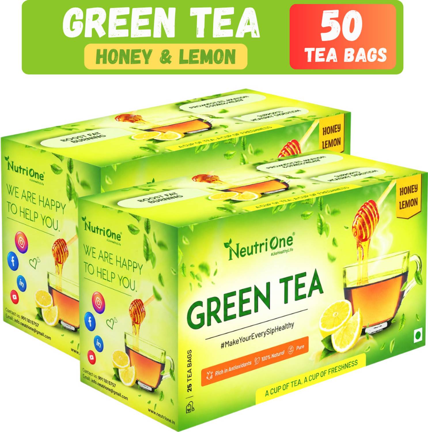 NeutriOne Honey Lemon Tea for Weight Loss & Detox | Vitamin C Rich with Premium Tea Leaves Honey, Lemon Green Tea Box
