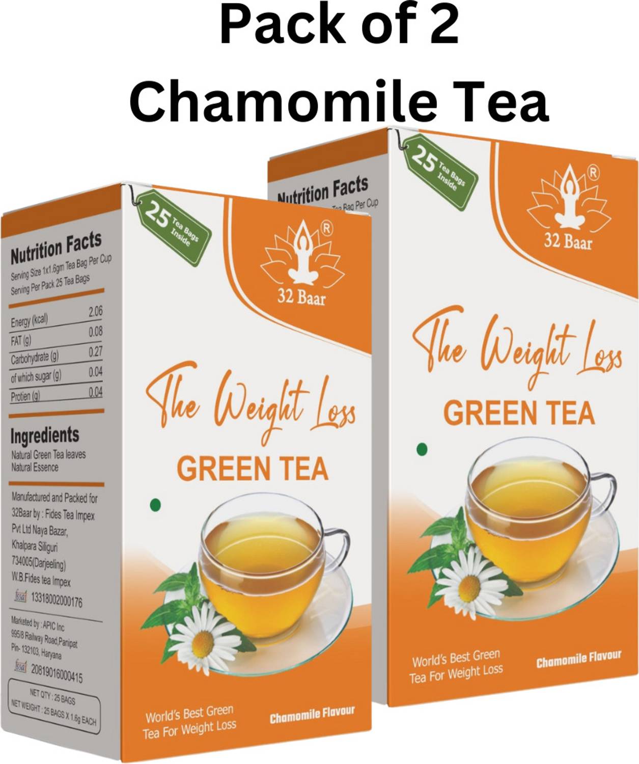 32 Baar Pack of 2 Chamomile Green Tea Bags Box