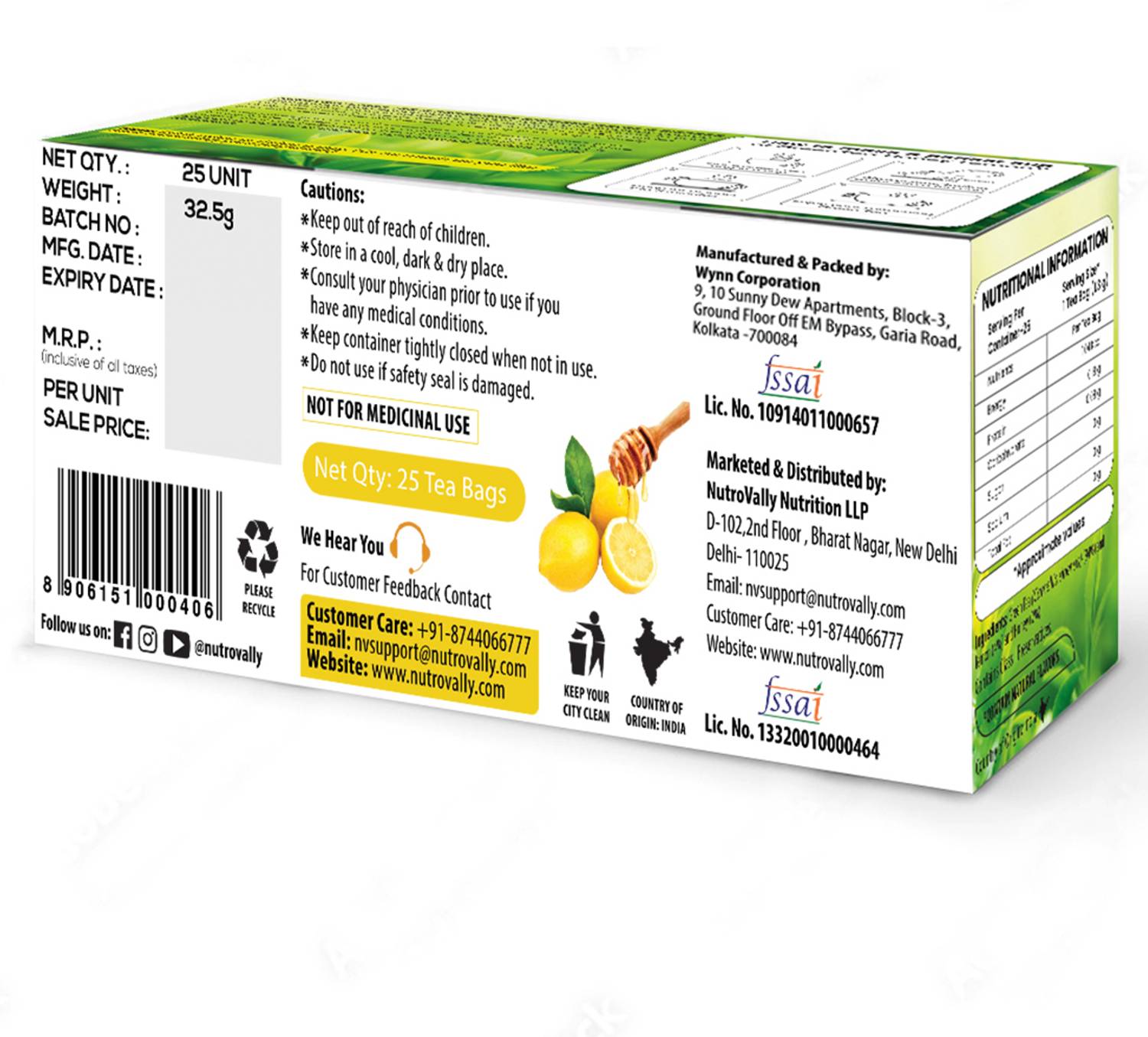NutroVally Lemon Honey Green Tea Bags - Image 2