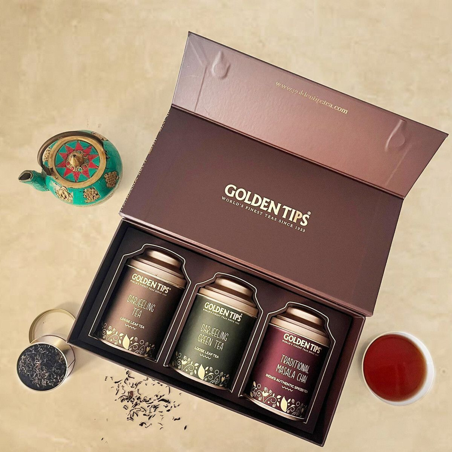 Image of Golden Tips Darjeeling Tea, Darjeeling Green Tea and Masala Chai Spices Tea Festive Gift Box