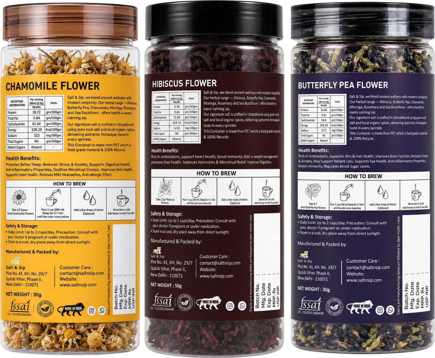 Image of Salt & Sip 3 in 1 Combo | Chamomile Tea 30g, Hibiscus Tea 50g, Butterfly Pea Flower Tea 30g Chamomile, Hibiscus Herbal Tea Plastic Bottle