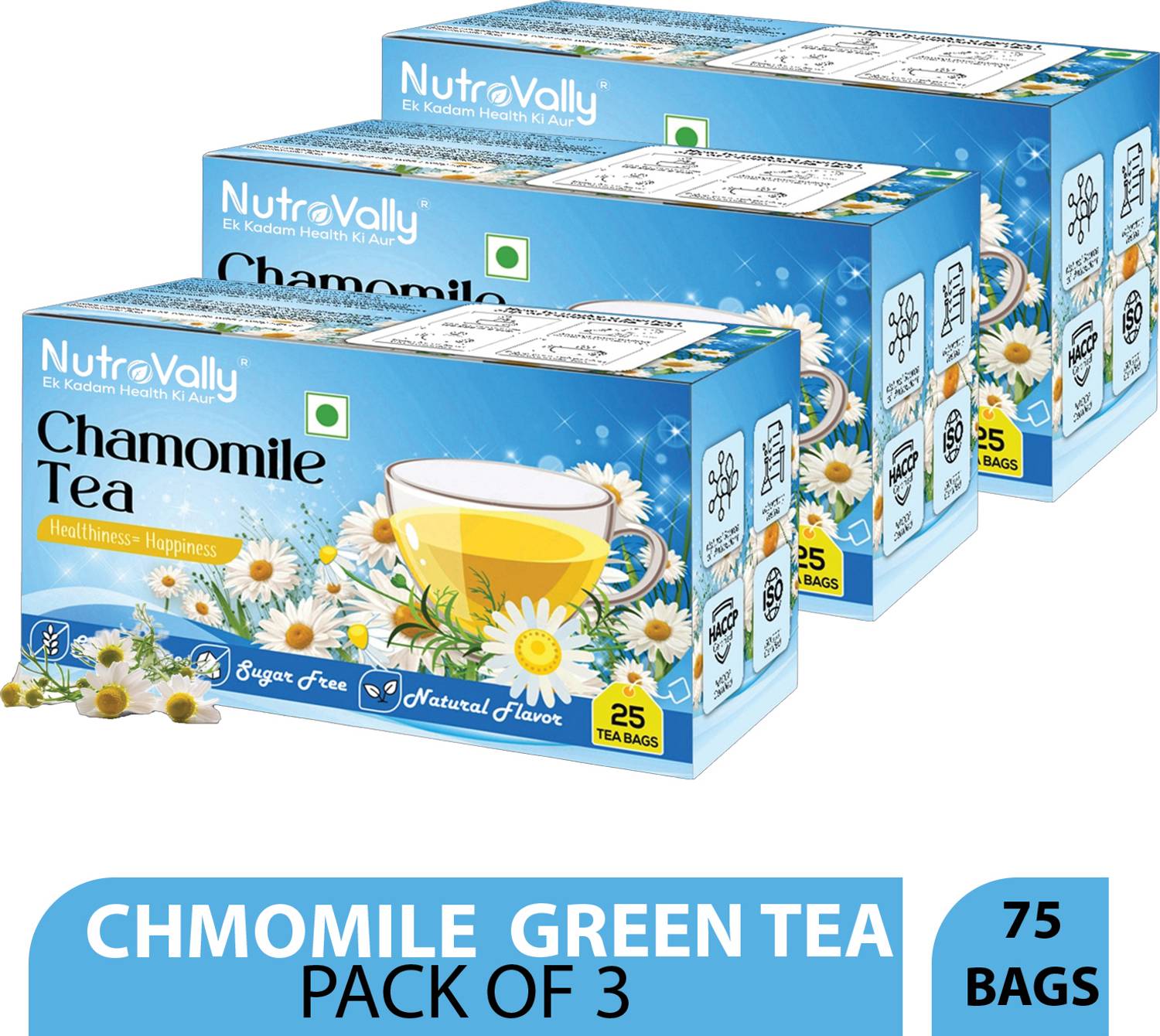 NutroVally Chamomile Tea for Stress Relief | 100% Better Sleep & Calming Loose Leaves Chamomile Green Tea Bags Box