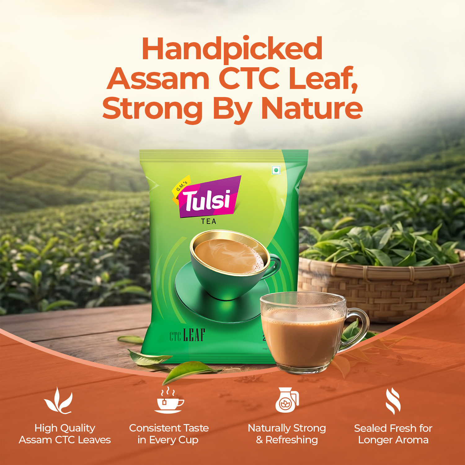 Image of G.M.'S TULSI TEA CTC Leaf|Authentic Assam Tea|Premium Chai Patti|Rich Aroma|25+ Years of Trust Unflavoured Black Tea Pouch