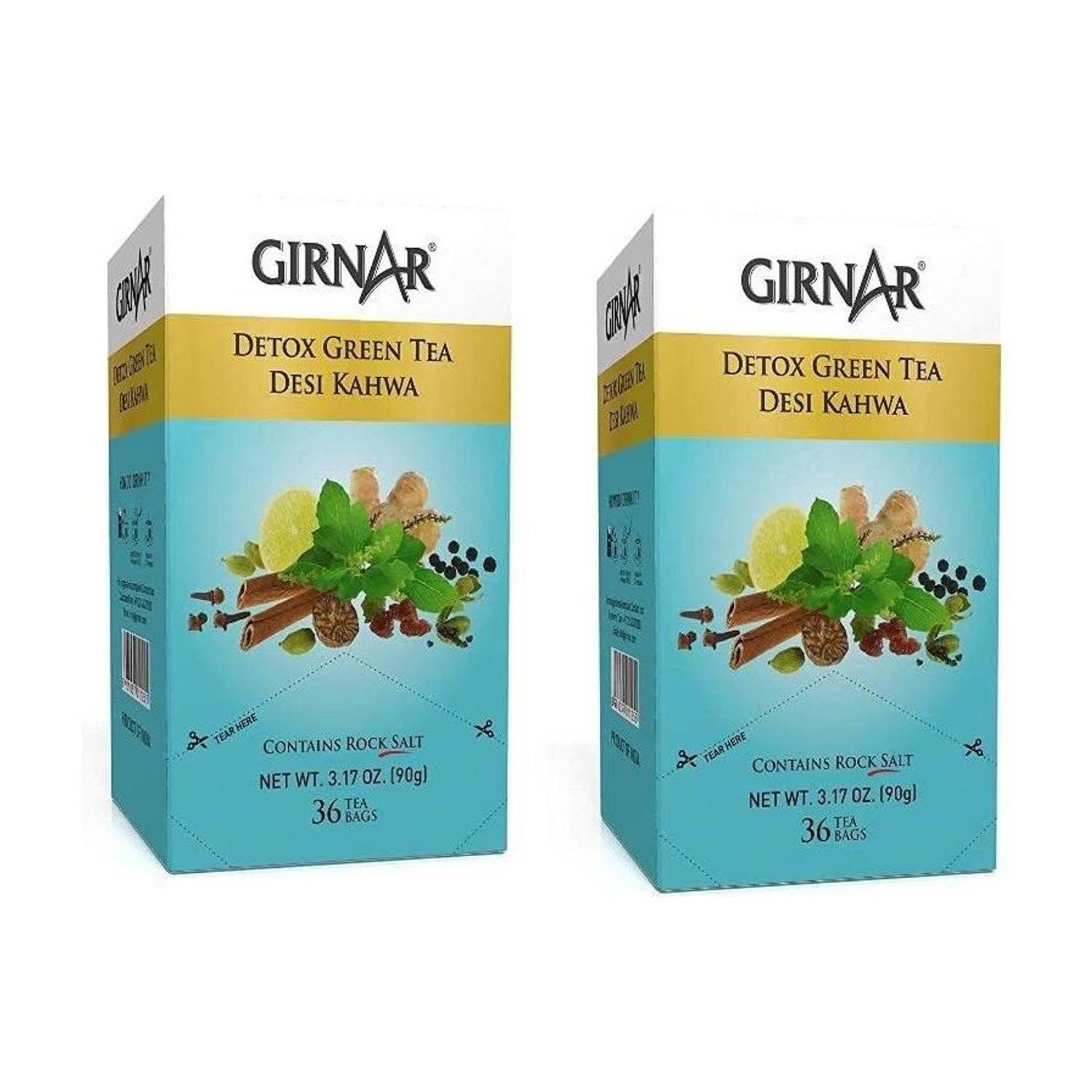 Girnar Detox Green Tea Desi Kahwa Pack of 2 Herbs Green Tea Bags Box (2 x 36 Tea Bags) Spices, Herbs Green Tea Bags Box