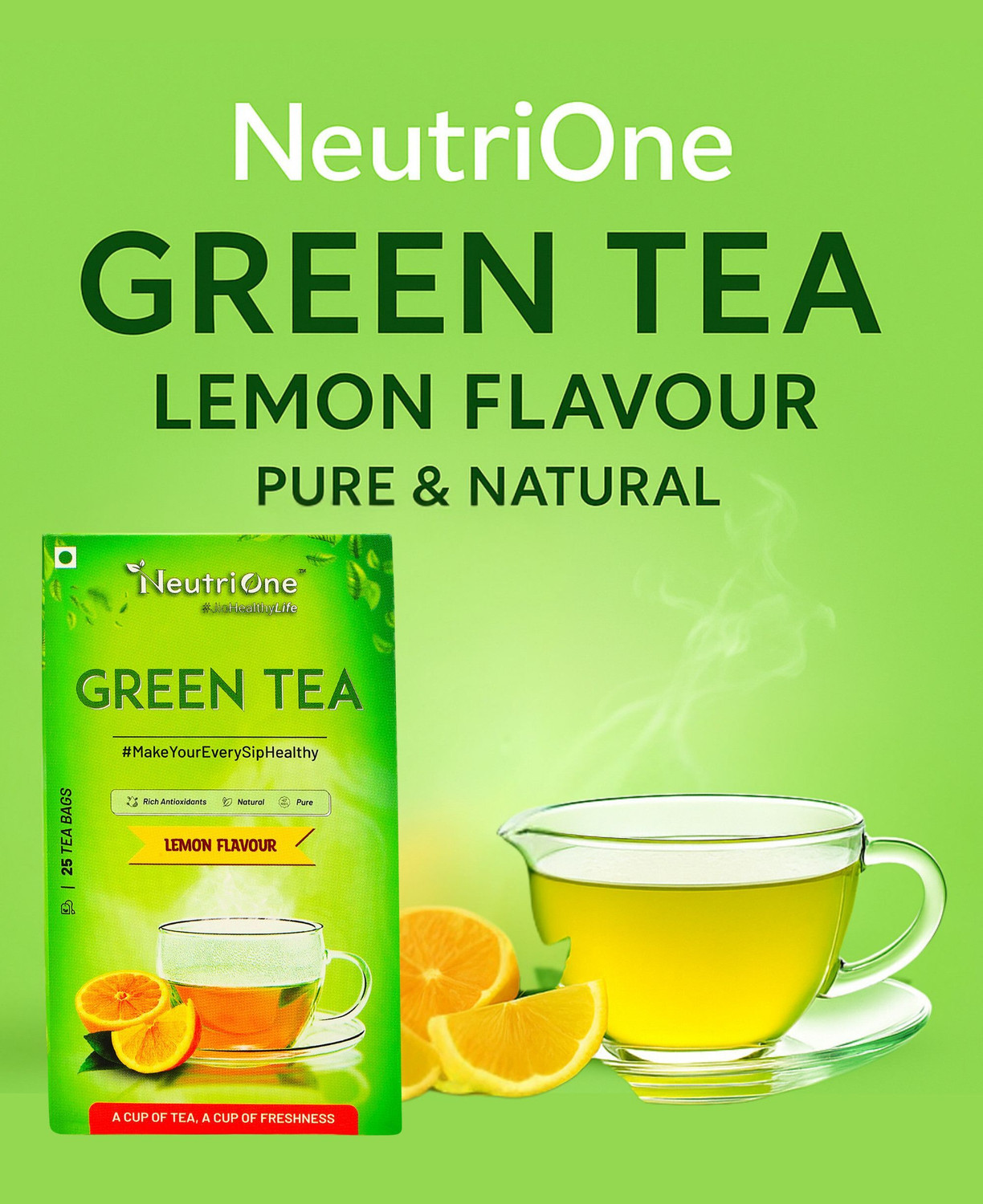 Image of NeutriOne Green Tea Lemon for Weight Loss & Boost Immunity| Vitamin C|Authentic Tea Leaves Lemon Green Tea Bags Box