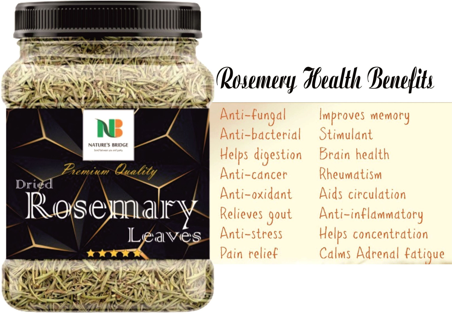 Image of Nature's Bridge Rosemary Dried Leaves | Dry Rosemary - For Hair Growth & Rosemary Tea 50 Gm Jar Unflavoured Herbal Infusion Tea Plastic Bottle