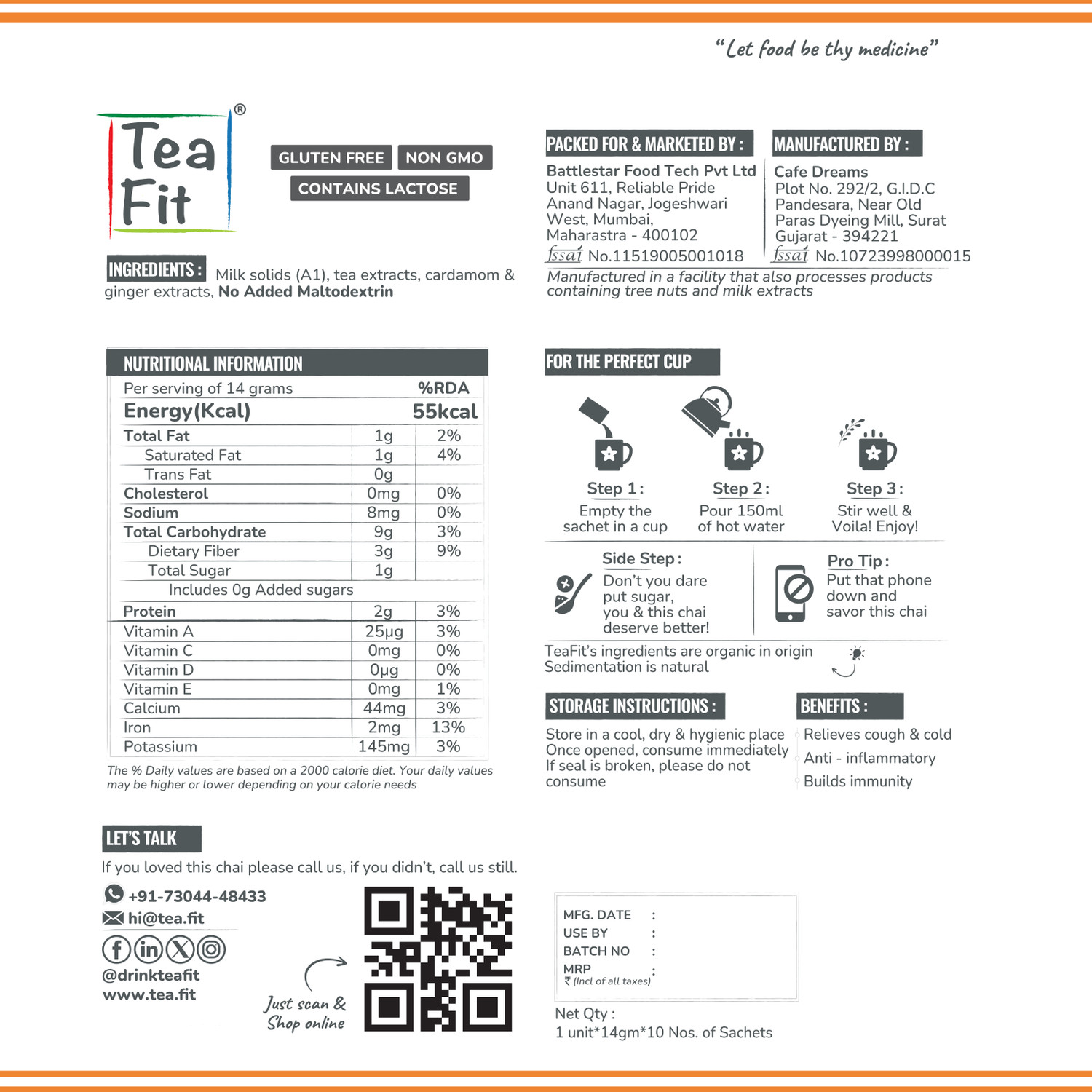 Image of TeaFit Ginger Instant Tea Premix (1 Sachet - 14 gm each) Unsweetened Adrak Chai Ginger Tea Box