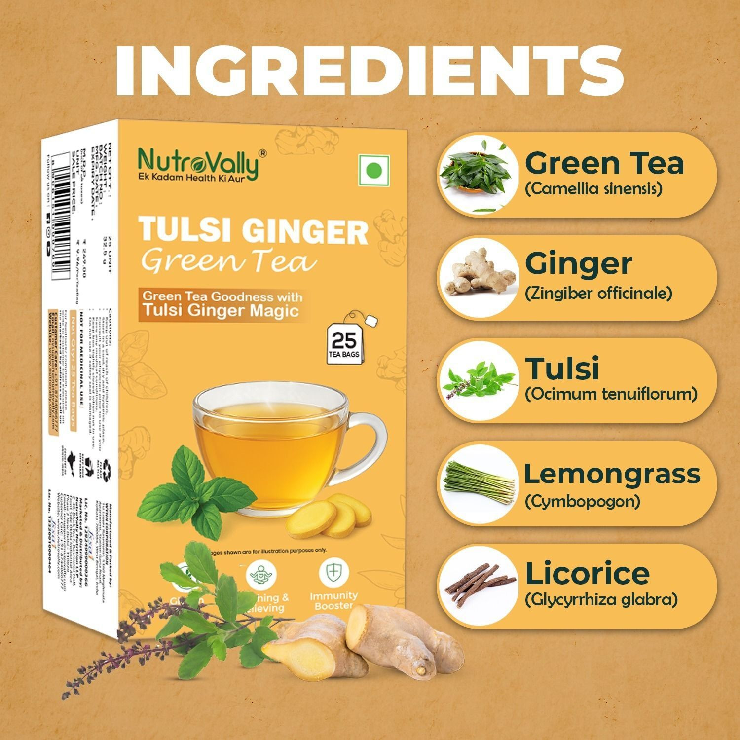 Image of NutroVally Tulsi Ginger Green Tea for Weight Loss Immunity Booster with Anti-Oxidants Tulsi, Ginger, Lemon Grass, Mulethi Green Tea Bags Box (25 Bags)