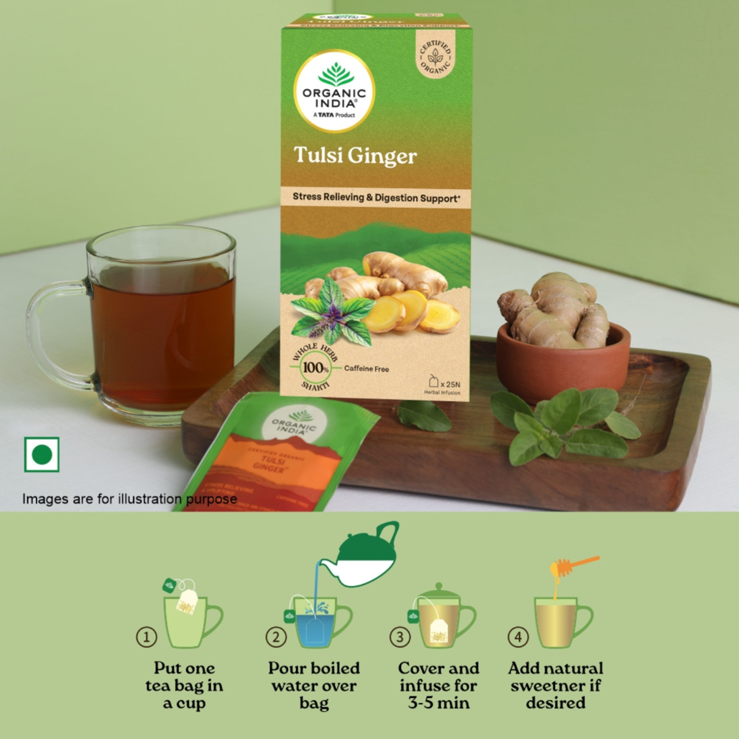 Image of ORGANIC INDIA Ginger, Tulsi Tea Bags Box