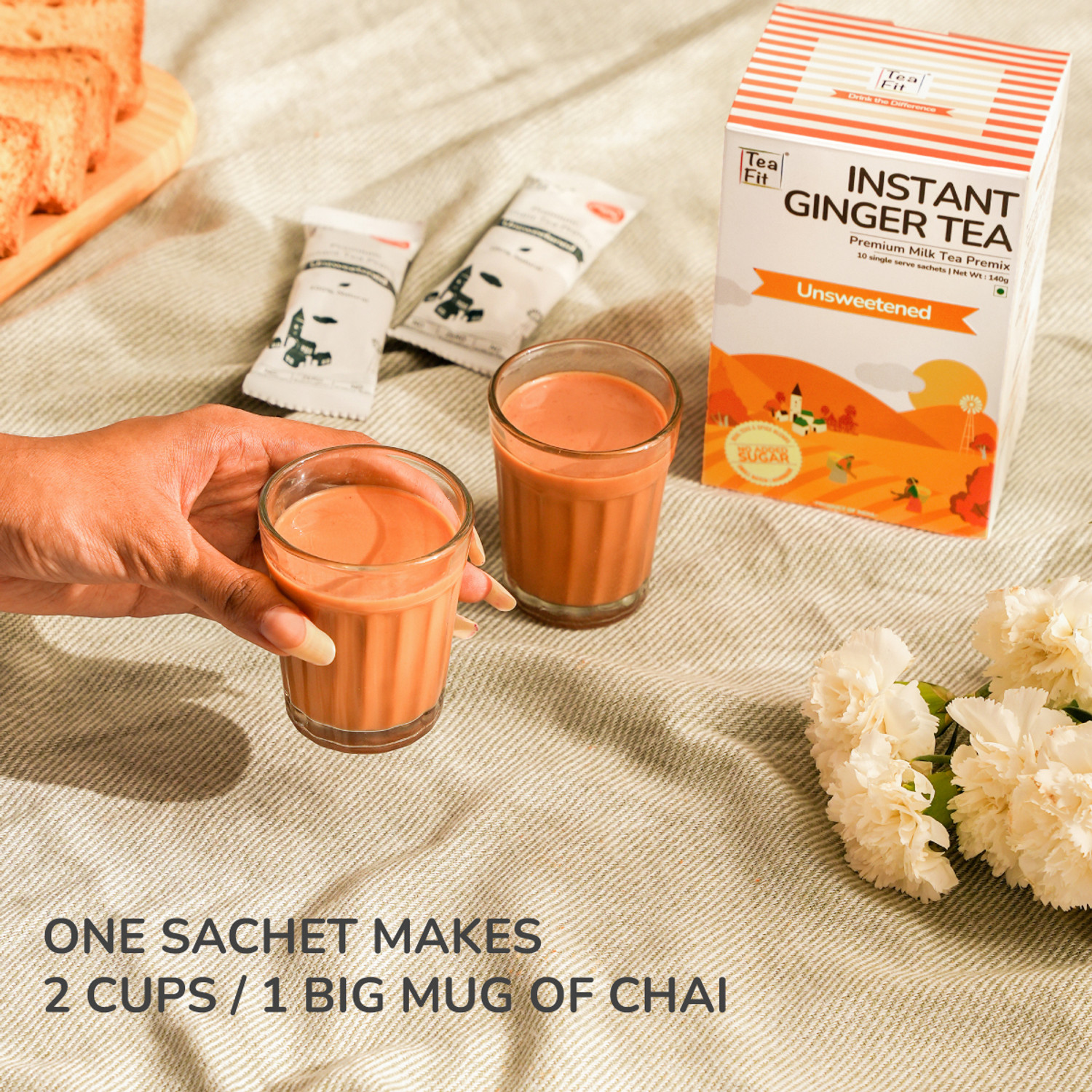 Image of TeaFit Ginger Instant Tea Premix (1 Sachet - 14 gm each) Unsweetened Adrak Chai Ginger Tea Box