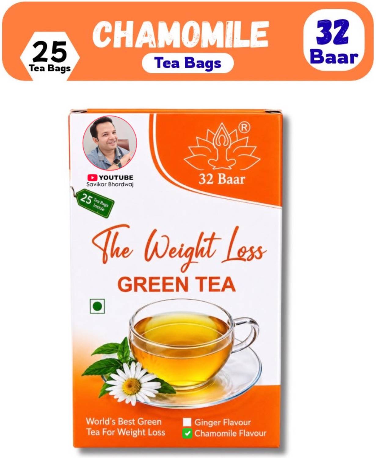 32 Baar CHAMOMILE TEA BAGS 25 TEA BAGS Green Tea Bags Box