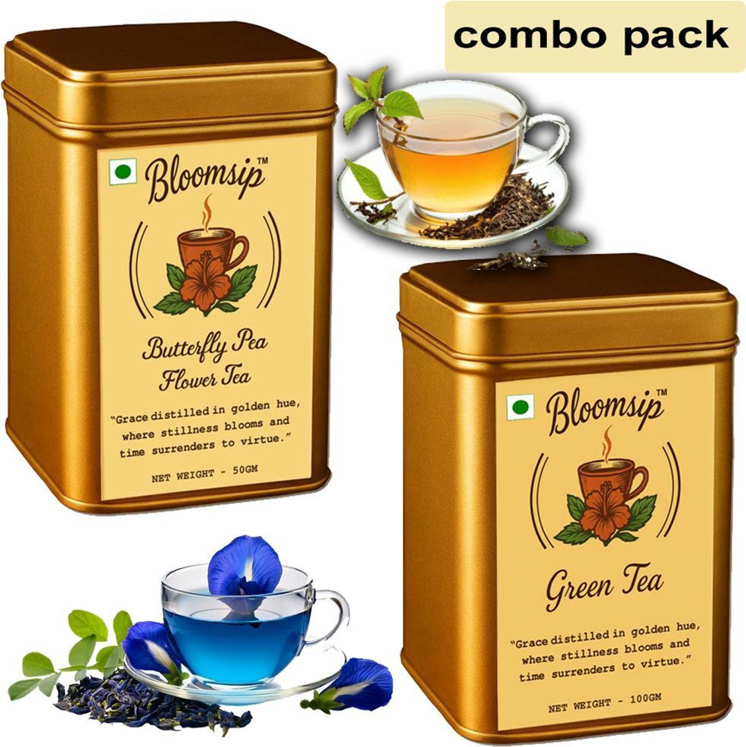 bloomsip Green Tea Loose and Butterfly pea (Combo) Green Tea Tin