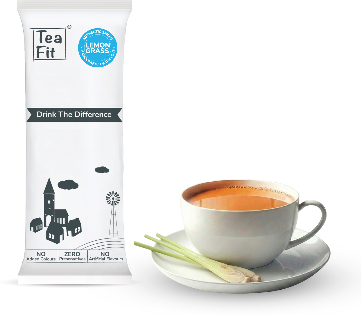Image of TeaFit Premium Zero Sugar Instant Lemongrass Tea Pack of 1 Sachets Lemon Grass Instant Tea Box