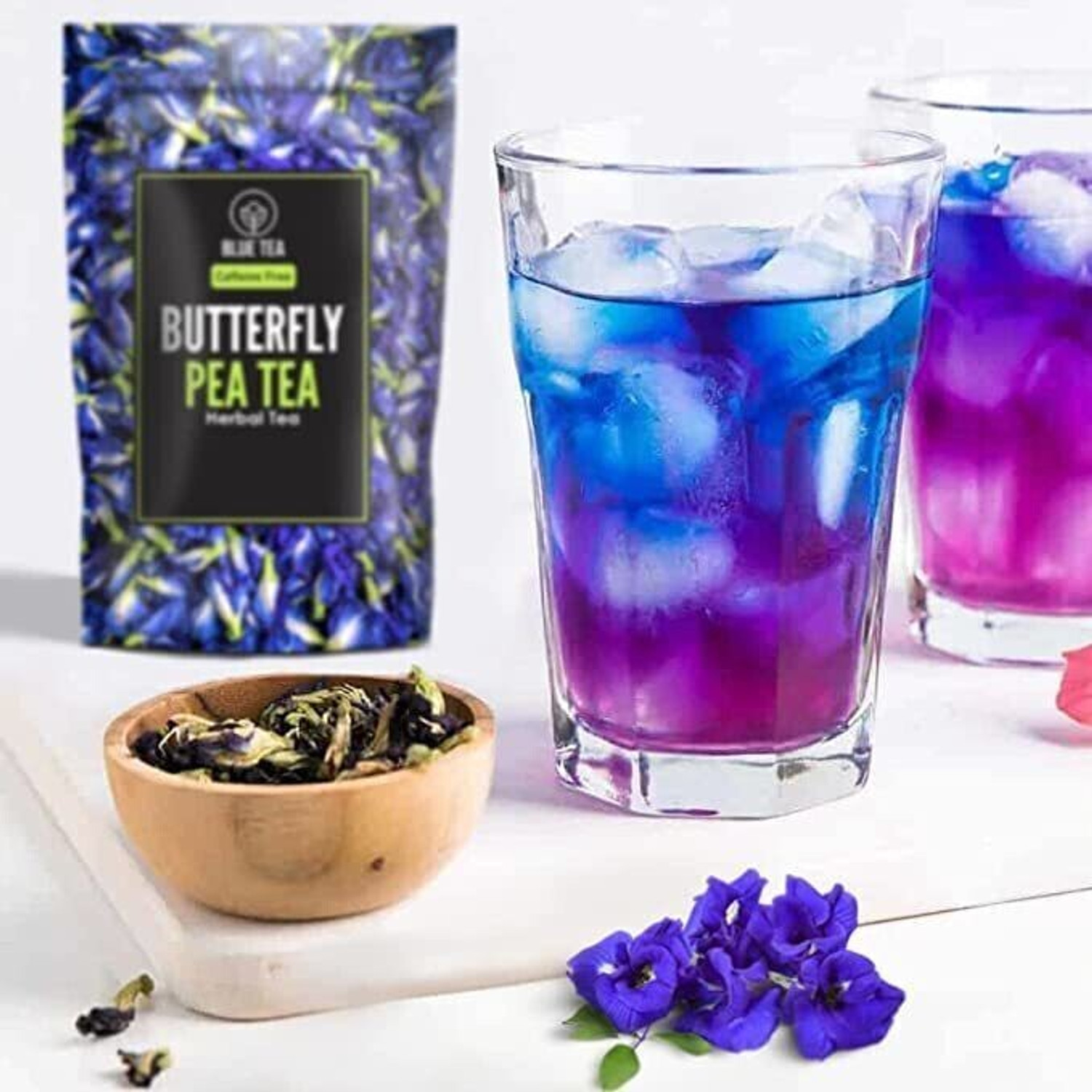 Image of BLUE TEA Butterfly Pea Flower Tea | Antioxidant Rich | Caffeine Free Herbal Tea Bags Pouch