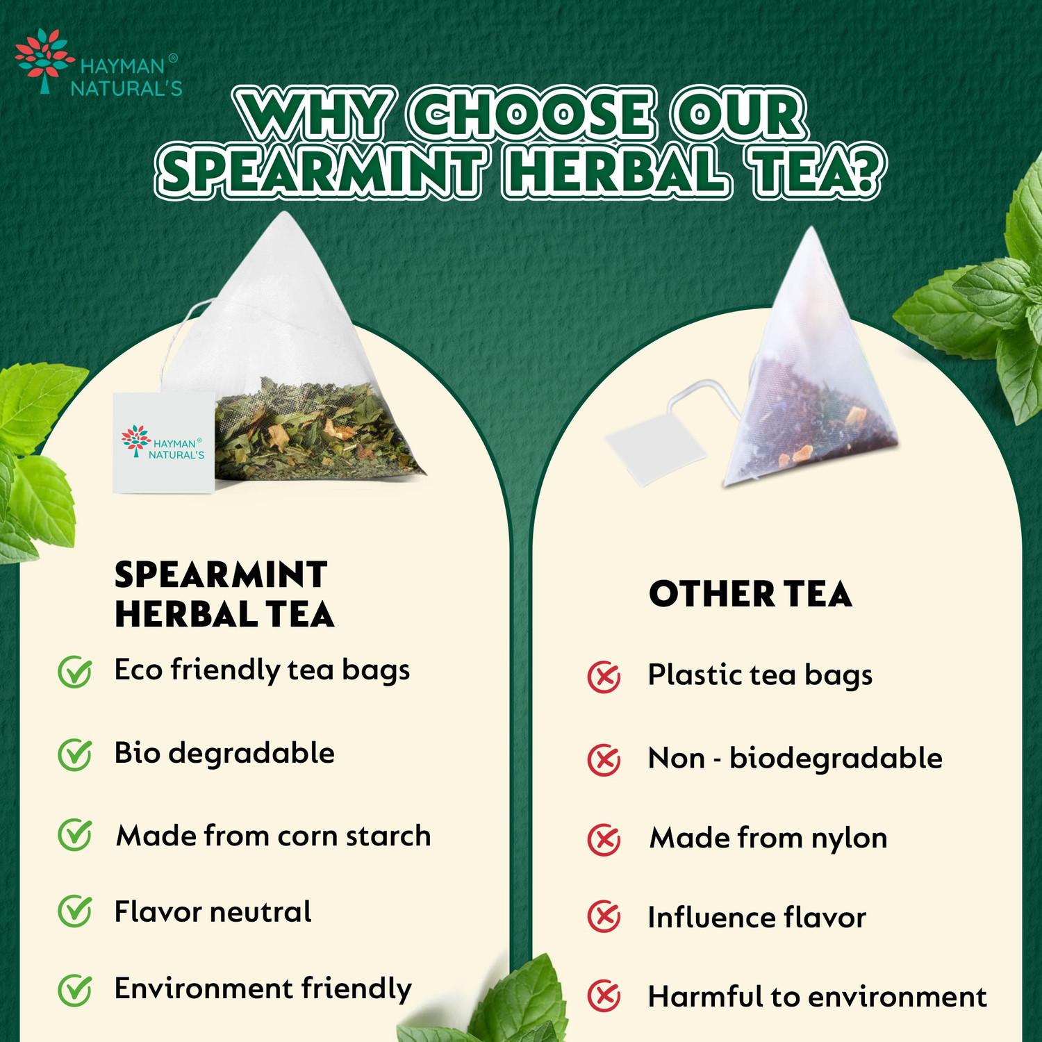 Image of HAYMAN NATURAL'S Spearmint Herbal Infusion |PCOS Relief, Balance Hormones|30 Pyramid Herbal Tea Bags Pouch (30 Bags)