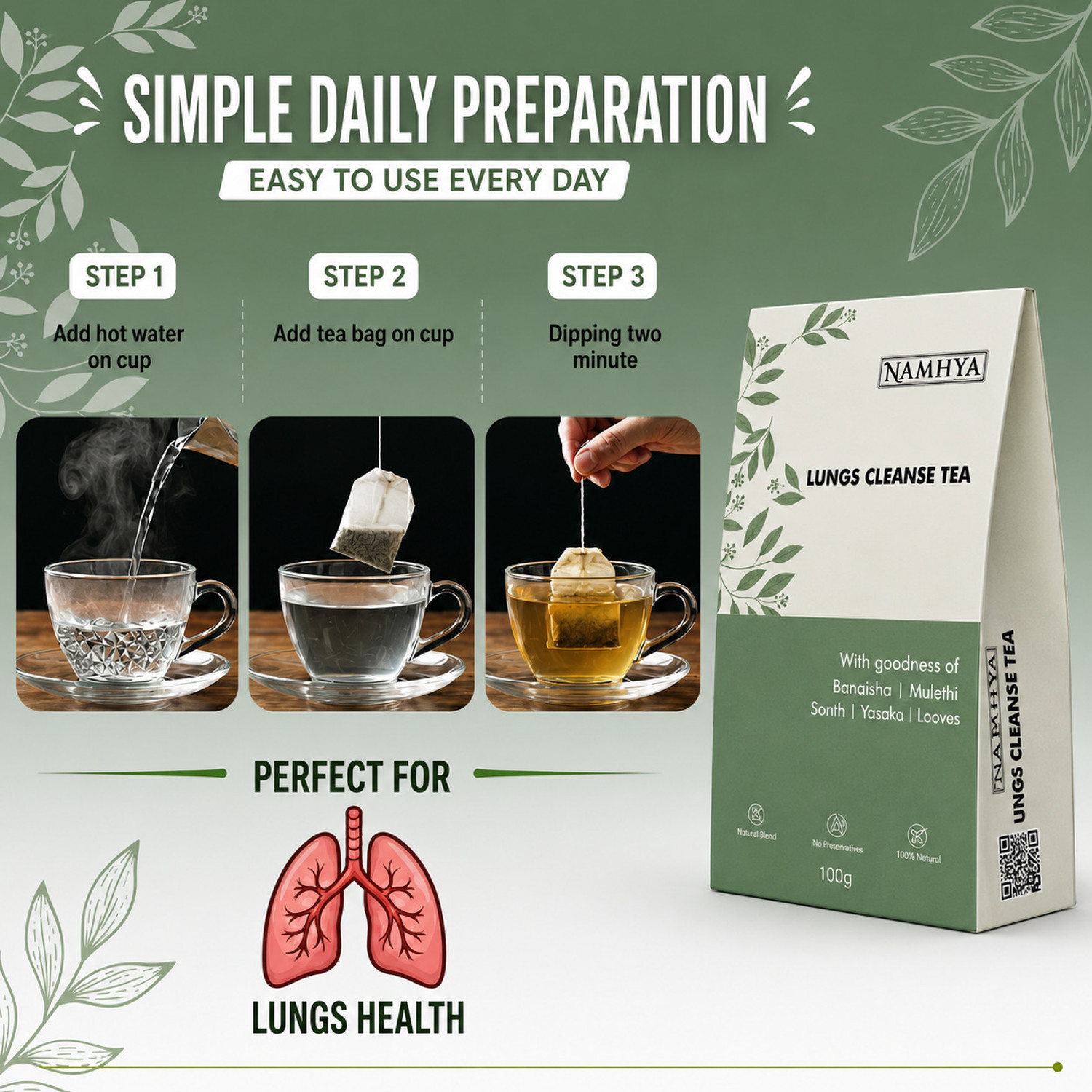 Image of NAMHYA FOODS Lungs Cleanse Loose Tea For Cold, Cough and Chest Congestion Herbal Tea Unflavoured Herbal Tea Pouch