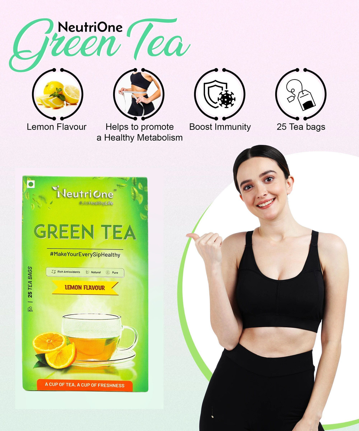 Image of NeutriOne Green Tea Lemon for Weight Loss & Boost Immunity| Vitamin C|Authentic Tea Leaves Lemon Green Tea Bags Box