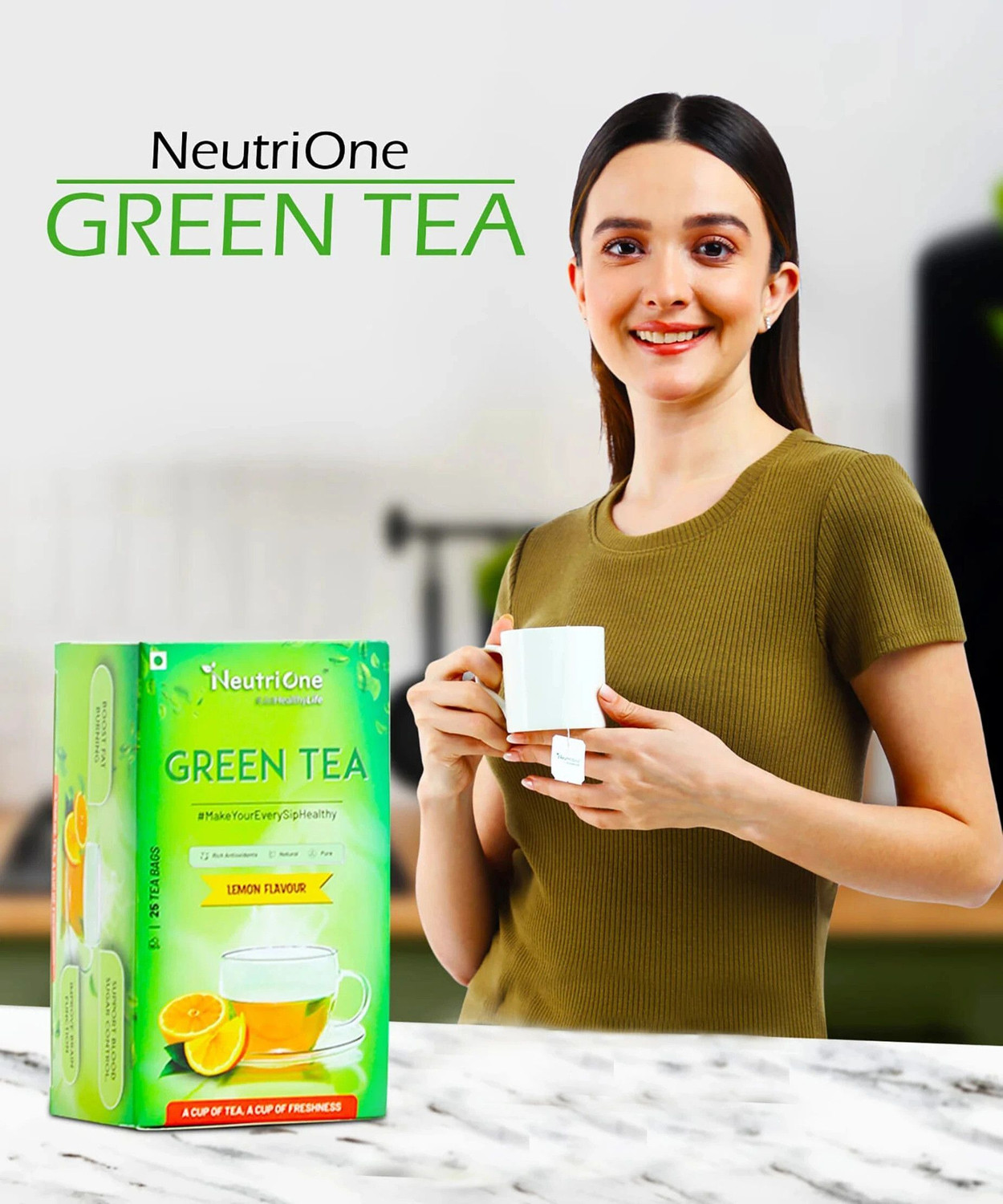 Image of NeutriOne Green Tea Lemon for Weight Loss & Boost Immunity| Vitamin C|Authentic Tea Leaves Lemon Green Tea Bags Box
