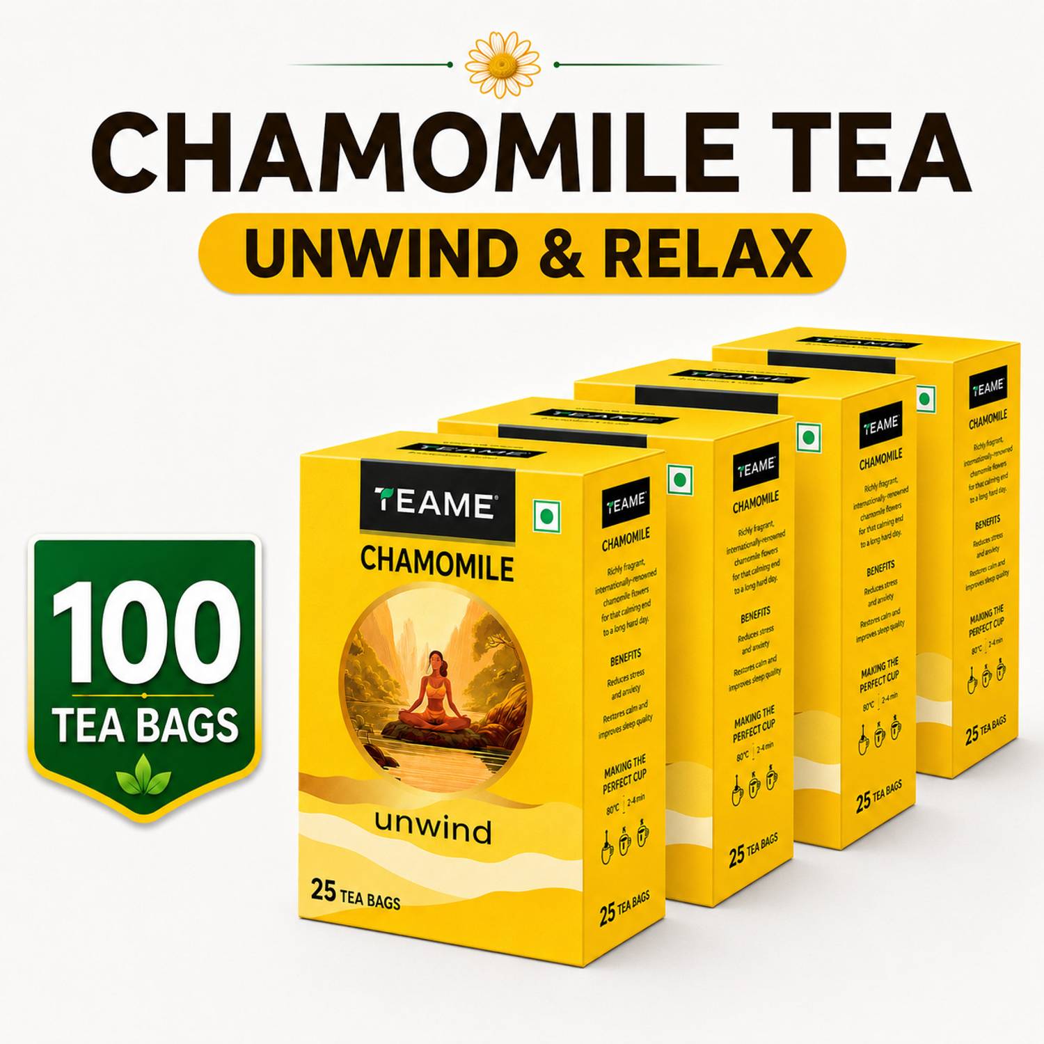 TE-A-ME Chamomile Tea, 100 Tea Bags | Chamomile Tea Bags |100% Chamomile Flower | Chamomile Herbal Tea Bags Box