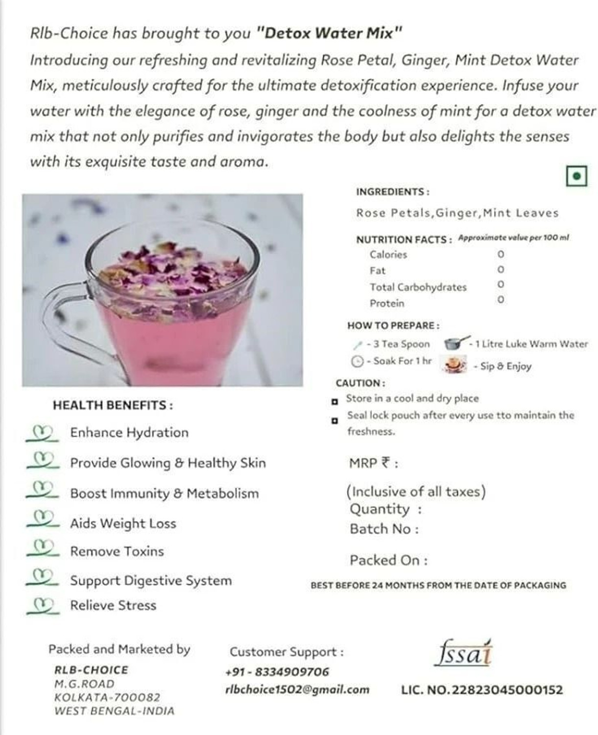 Image of RLB-CHOICE Floral Fusion Detox Water Mix Rose Tea,Skin Glow,Boost Immunity,RemoveToxins Mint, Rose, Ginger Herbal Tea Pouch