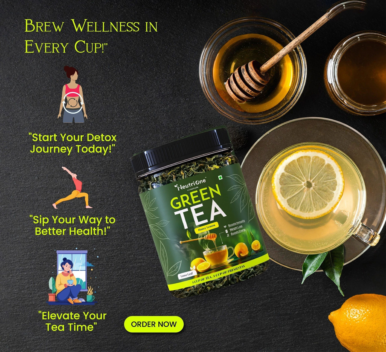Image of NeutriOne Honey & Lemon Green Tea Loose Leaf for Weight Loss | 100% Natural & Refreshing Honey, Lemon Green Tea Mason Jar (100 g)