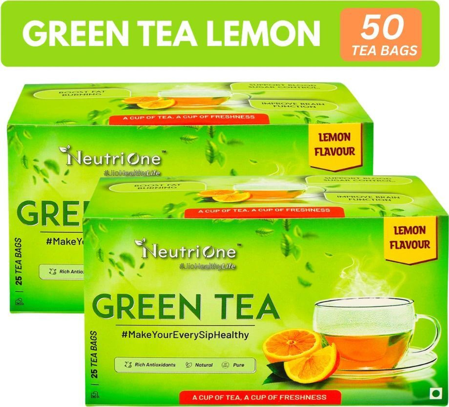 Image of NeutriOne Green Tea Lemon for Weight Loss & Boost Immunity| Vitamin C|Authentic Tea Leaves Lemon Green Tea Bags Box