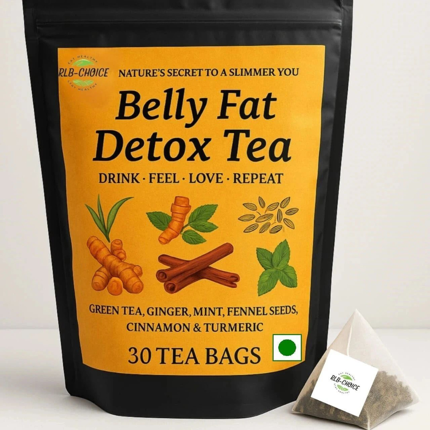 Image of RLB-CHOICE Melt Belly Fat With Natural Detox Blend | Weight Loss,Reduce Bloating,Slim Belly Ginger, Turmeric, Cinnamon Green Tea Bags Pouch