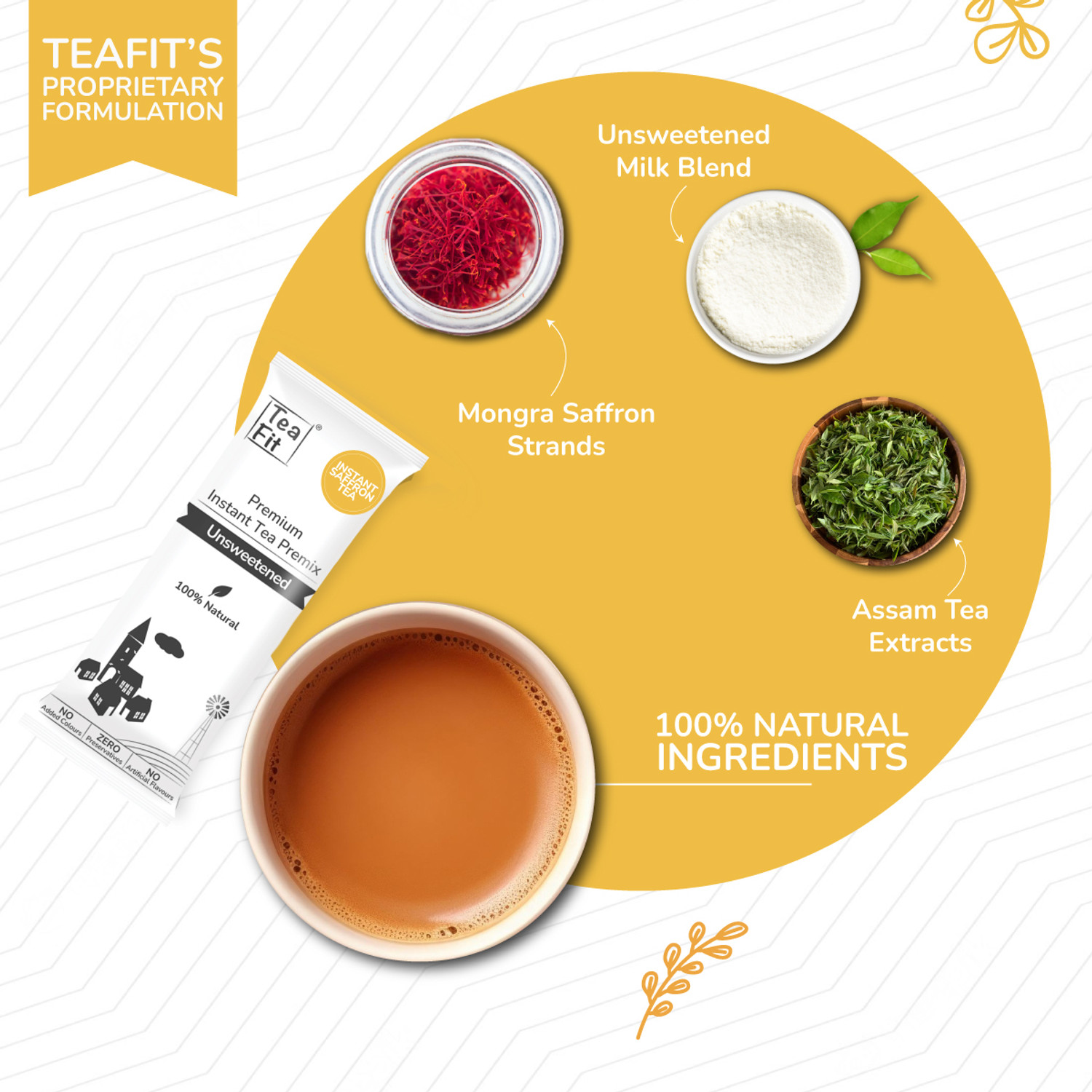 Image of TeaFit Premium Zero Sugar Instant Saffron Tea Pack of 1 Sachets Saffron Instant Tea Box
