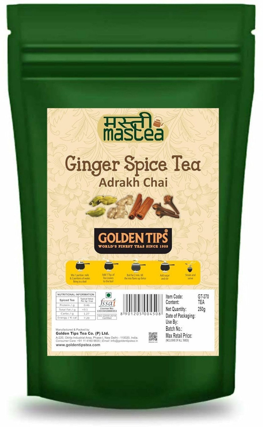 Image of Golden Tips Indian Spicy Ginger Mastea Cardamom, Cinnamon, Cloves, Ginger Masala Tea Pouch