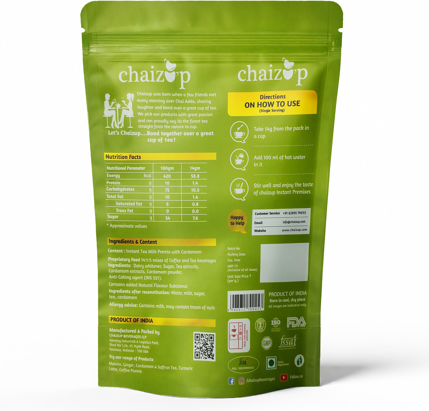 Image of chaizup Instant Cardamom Premix Tea 1 Kg Poly | Elaichi Chai with Low Sugar |75 Cups Cardamom Instant Tea Pouch