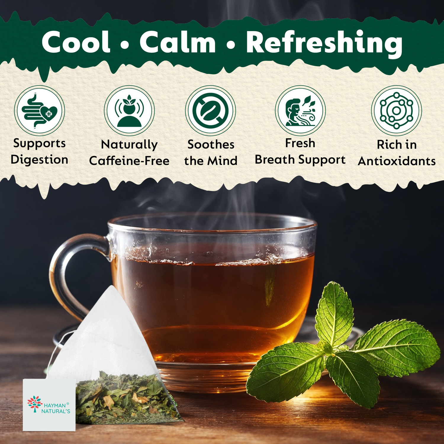 Image of HAYMAN NATURAL'S Spearmint Herbal Infusion |PCOS Relief, Balance Hormones|30 Pyramid Herbal Tea Bags Pouch (30 Bags)