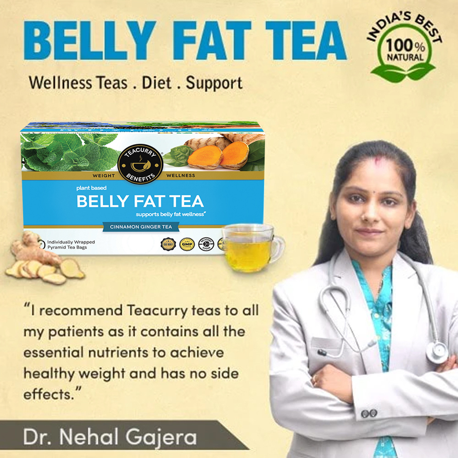 Image of TEACURRY Belly Fat Tea - Helps in Reduce Belly Fat, Supports Weight Loss & Digestion | Ginger Herbal Tea Bags Box