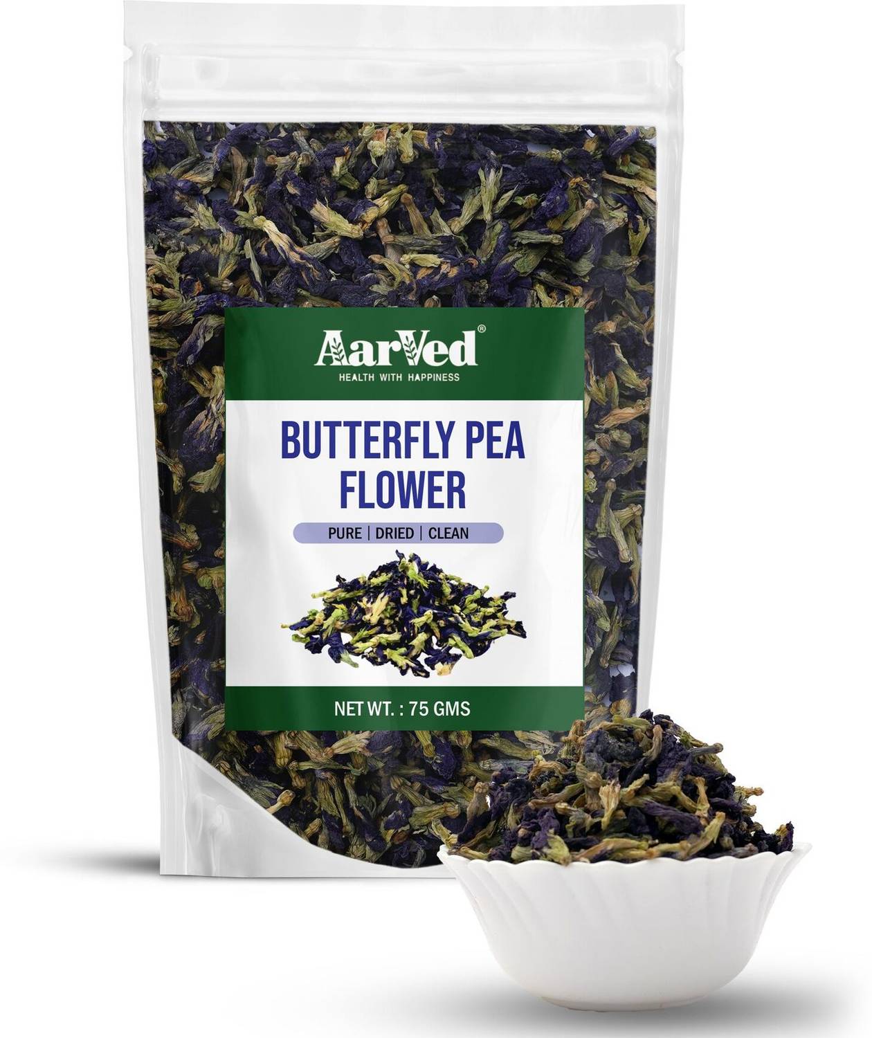 AarVed Dried Butterfly Pea Flower Tea | Natural Blue Pea Tea | Clitoria Ternatea Herbal Tea Pouch