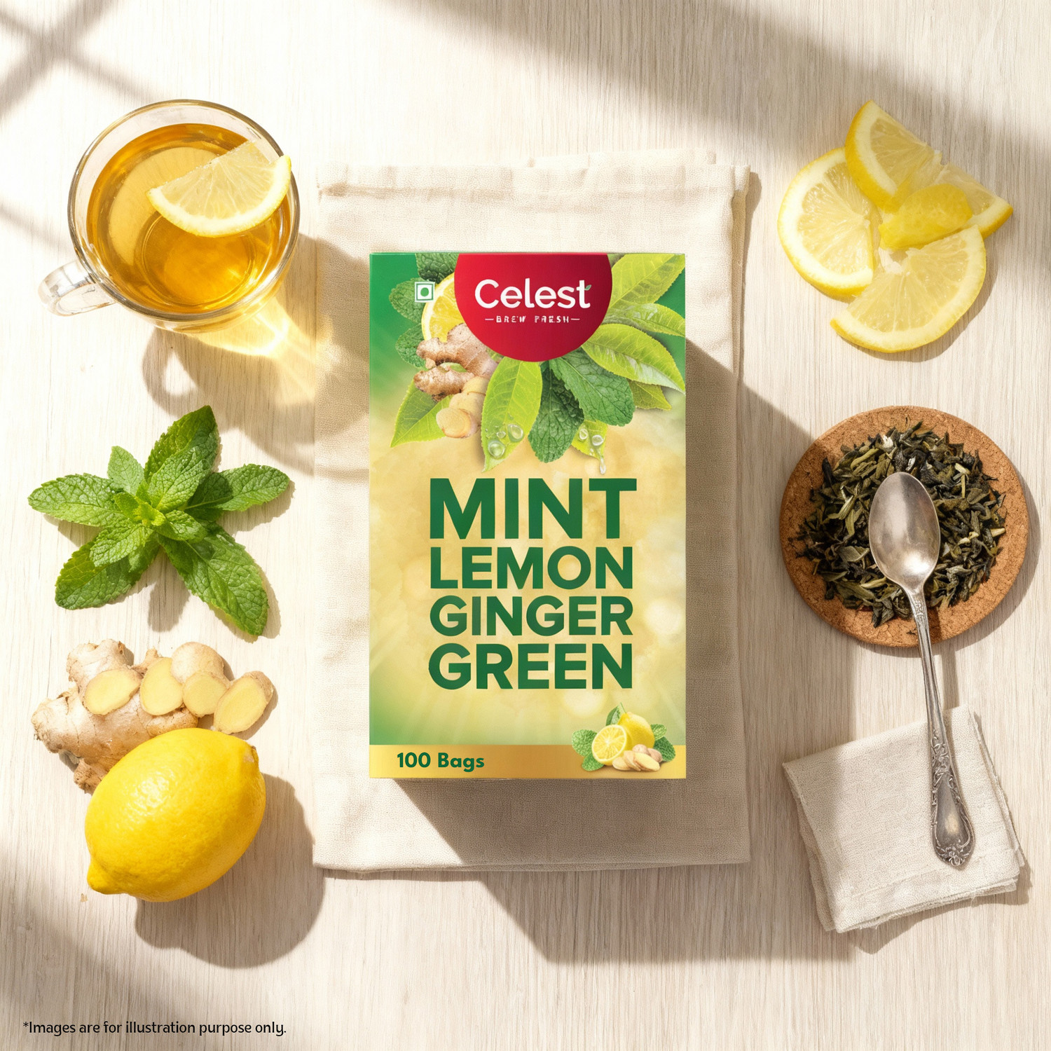 Image of Celest Green Tea, 100 Tea Bags - Mint Lemon Ginger| Tea Bags | Green Tea | Mint, Lemon, Ginger Green Tea Bags Box (100 Bags)
