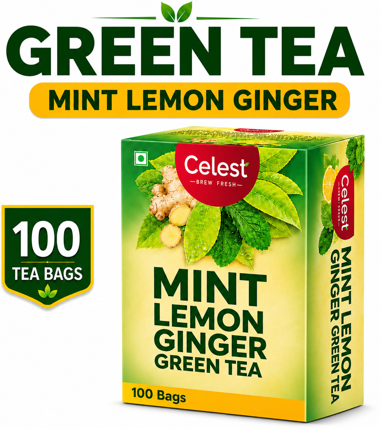 Image of Celest Green Tea, 100 Tea Bags - Mint Lemon Ginger| Tea Bags | Green Tea | Mint, Lemon, Ginger Green Tea Bags Box (100 Bags)