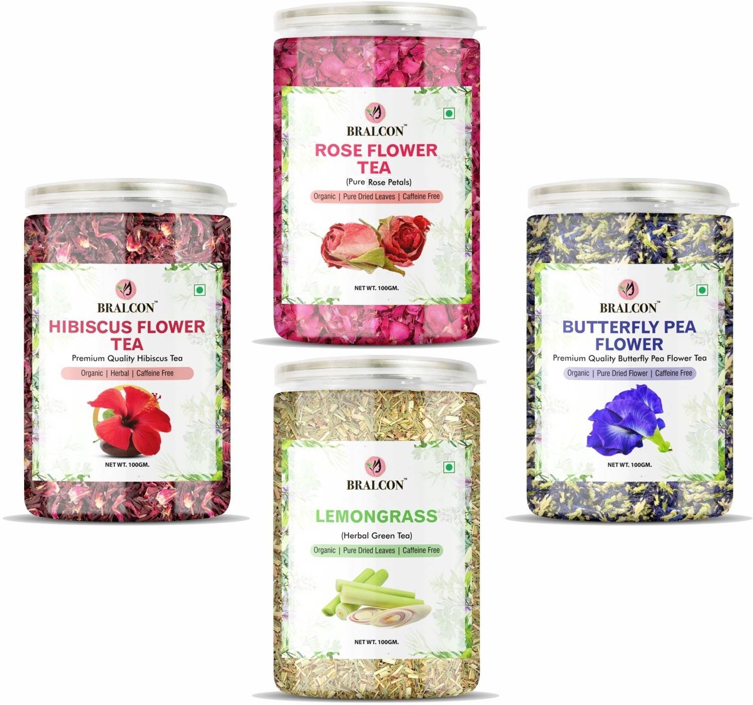 BRALCON Hibiscus Flower Tea, Butterfly Pea Flower Tea, Rose Flower Tea, Lemongrass Tea | Herbal Tea Mason Jar