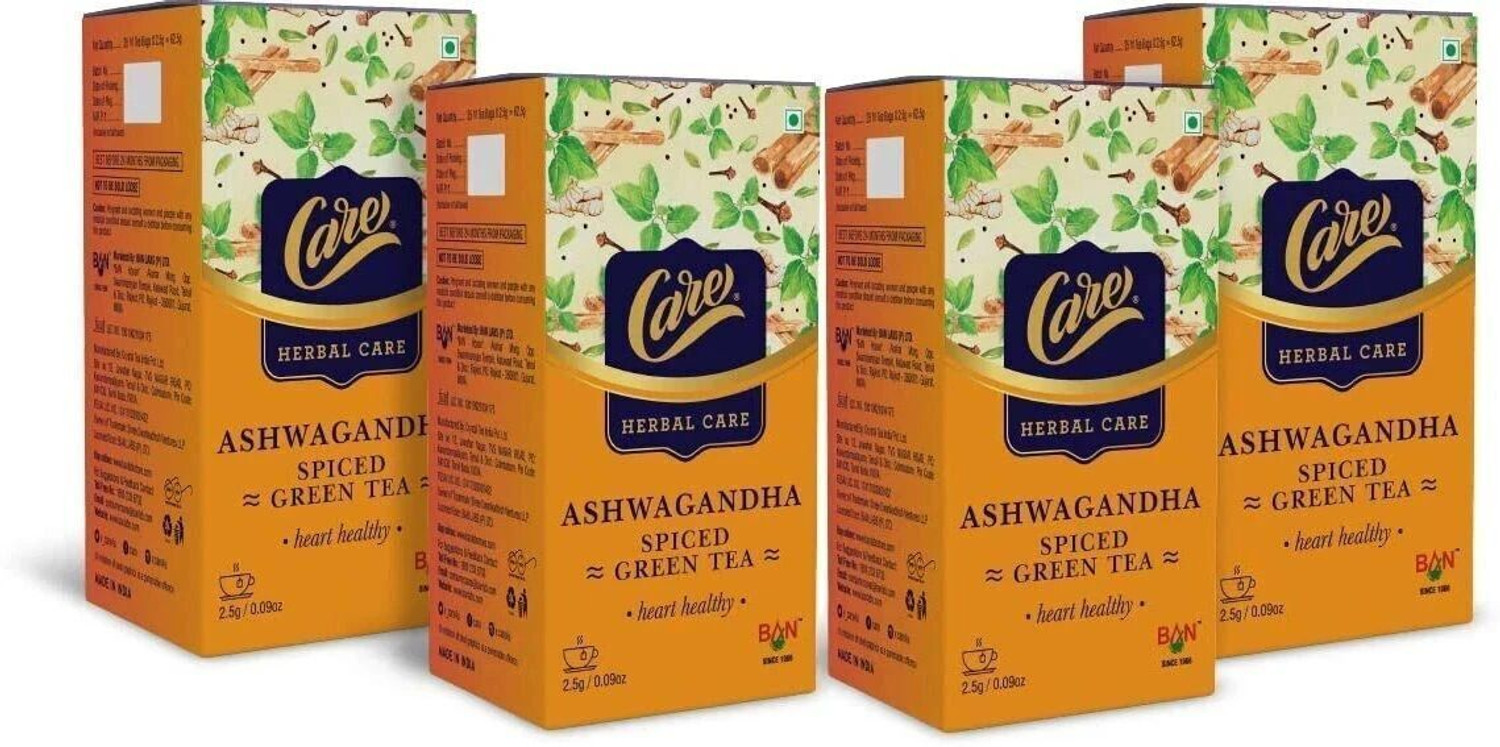 Image of CARE Ashwagandha Spiced Herbal Green Tea | Pack of 100 Tea Bags Black Pepper, Cardamom, Cinnamon, Cloves, Ginger, Tulsi Green Tea Bags Box