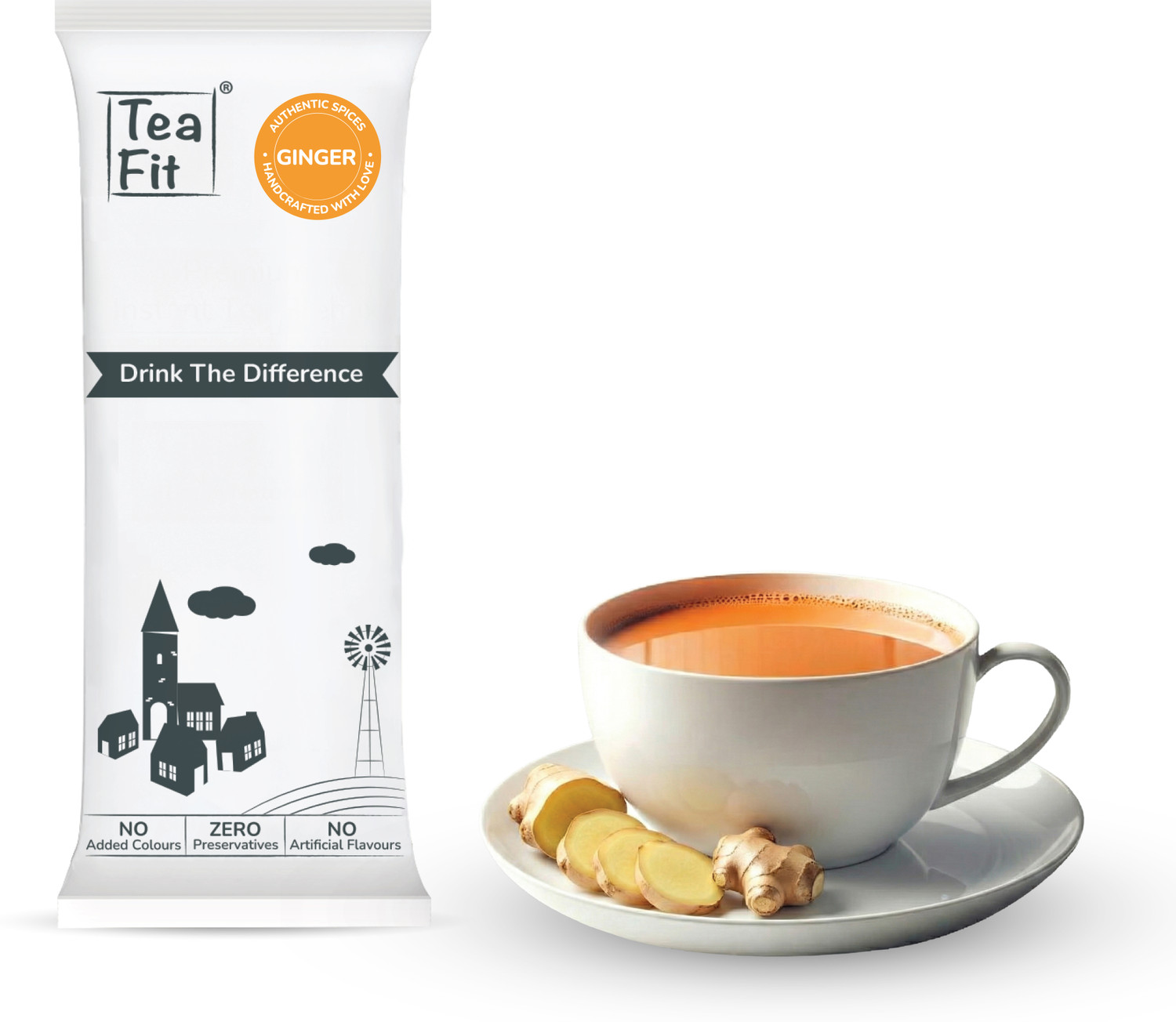 Image of TeaFit Ginger Instant Tea Premix (1 Sachet - 14 gm each) Unsweetened Adrak Chai Ginger Tea Box