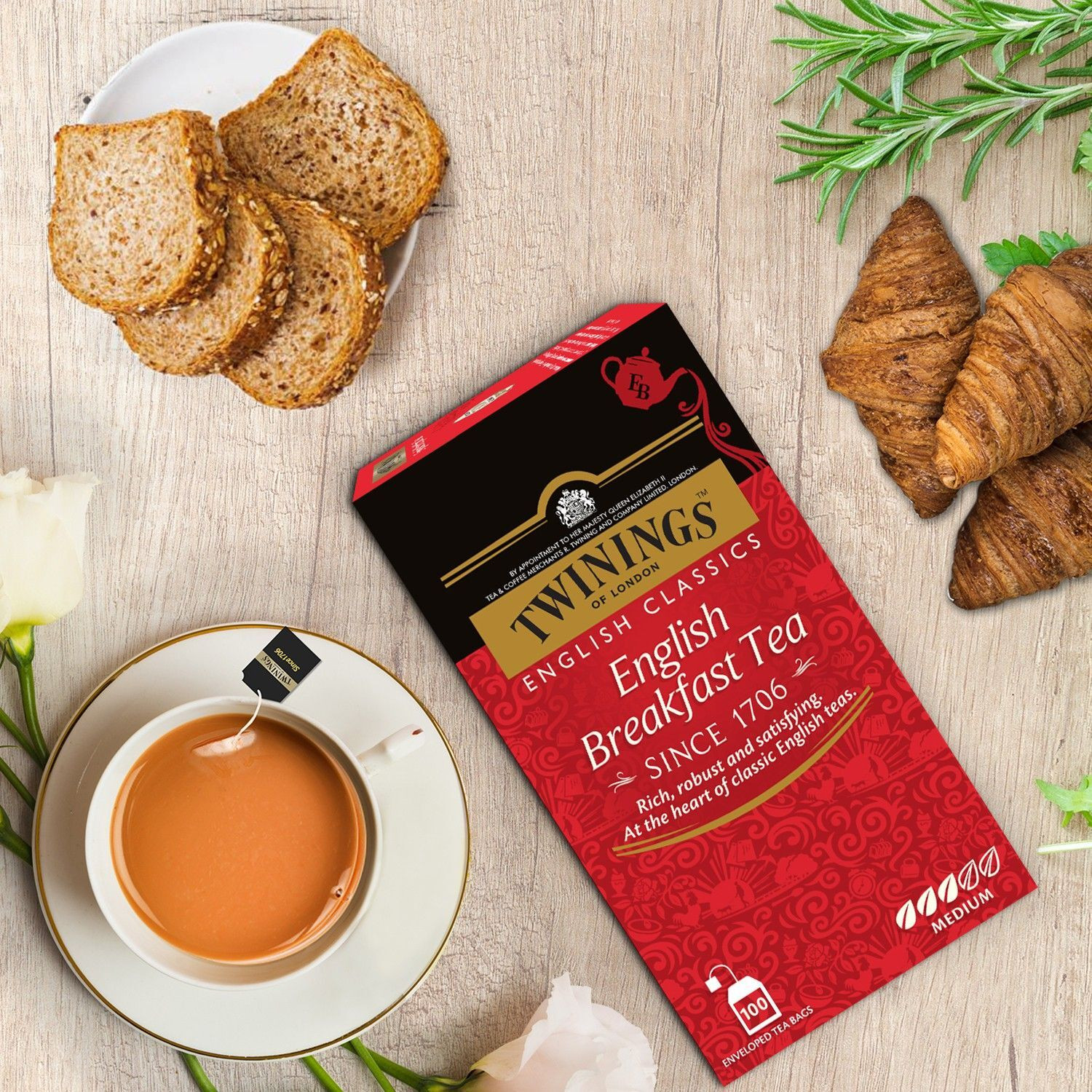 Image of TWININGS English Breakfast Tea, Premium, English Classic Range, Medium Strength, Rich Flavour Black Tea Bags Box